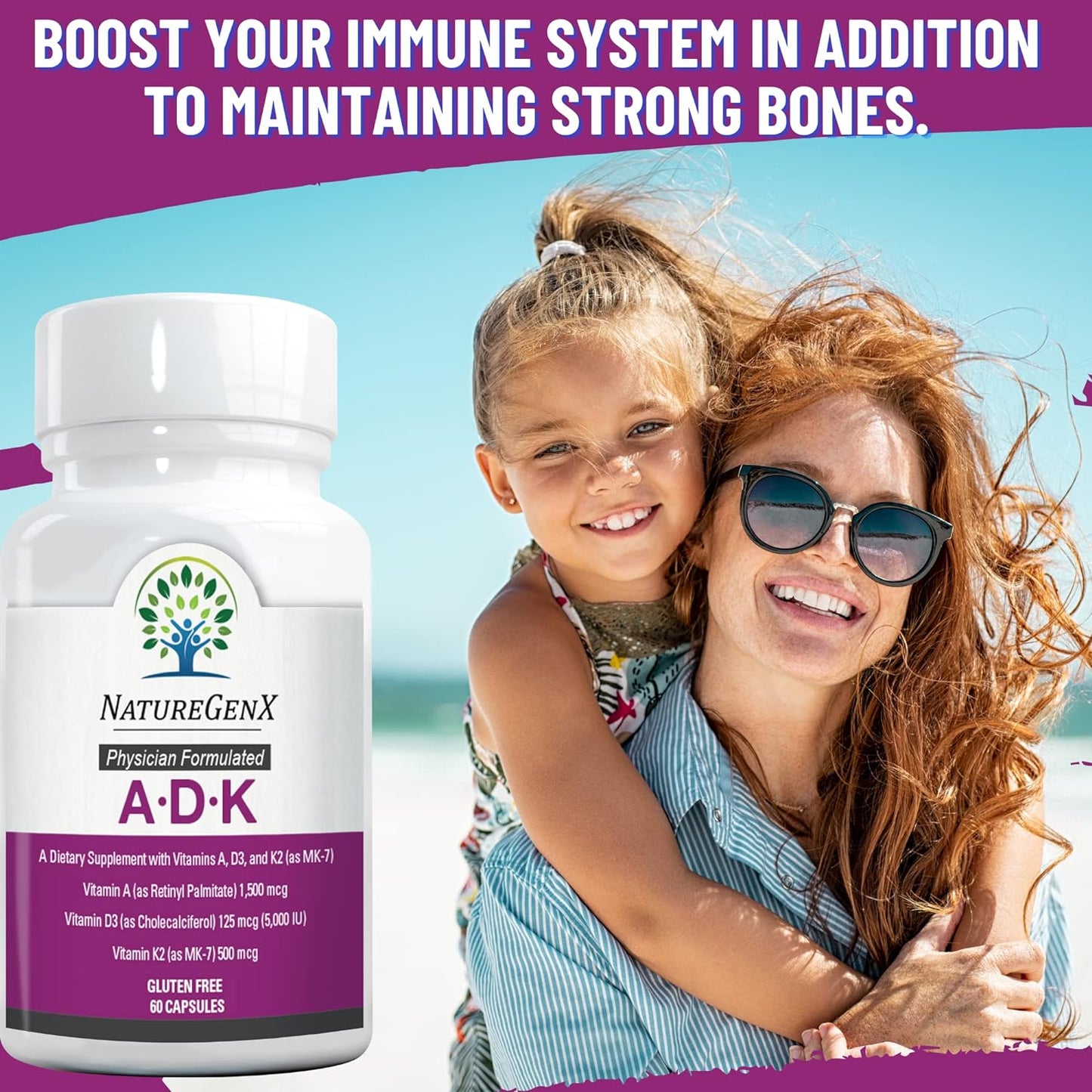 ADK Vitamin Supplement 5000 IU - High Potency Vitamins A, D3, and K2 - 60 Capsules