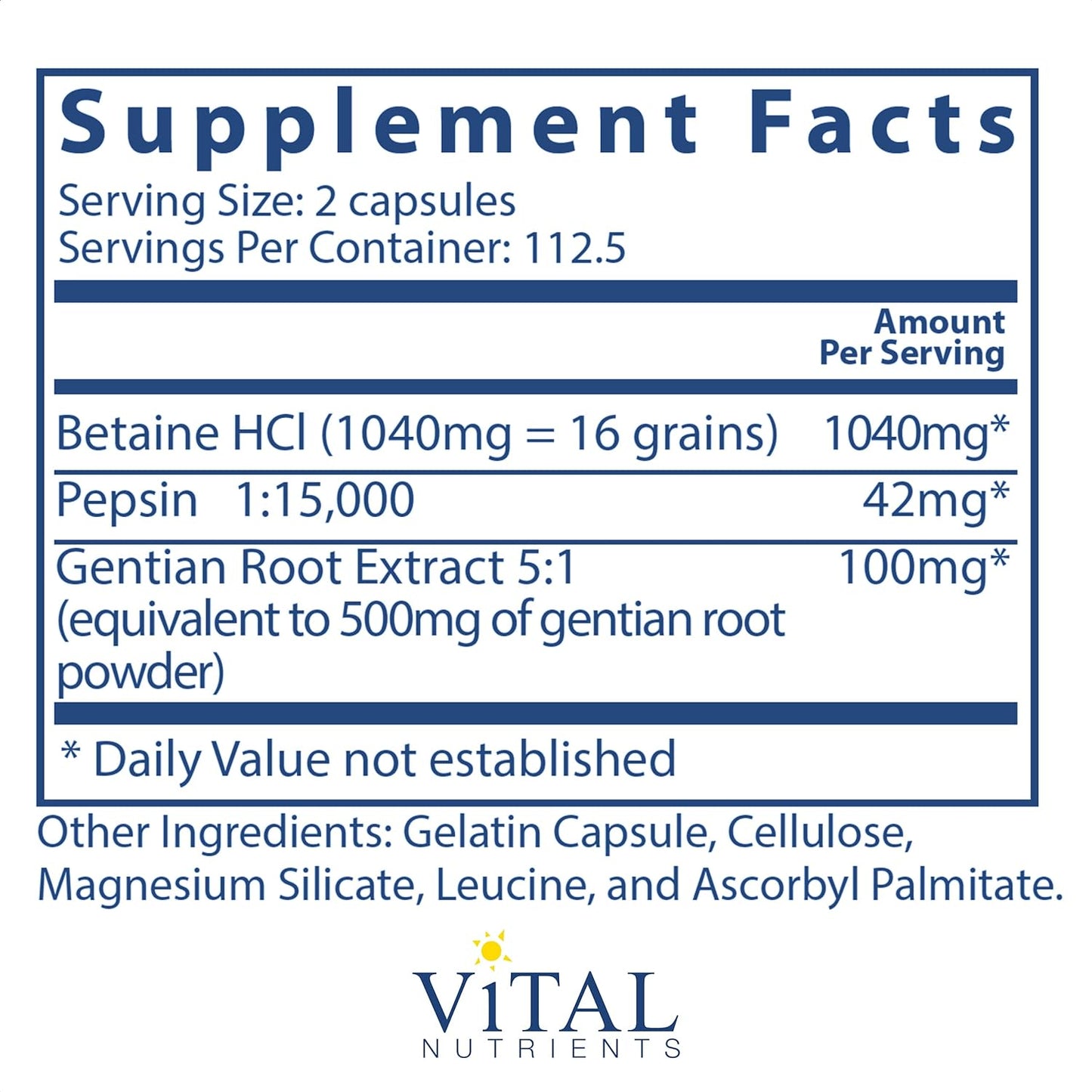 Vital Nutrients Betaine HCL Pepsin and Gentian Root Extract 225 Capsules