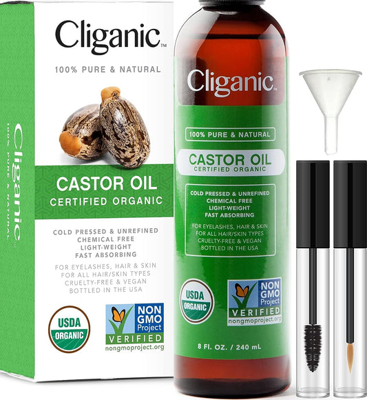 Cliganic USDA Organic Castor Oil, 100% Pure (8oz with Eyelash Kit)