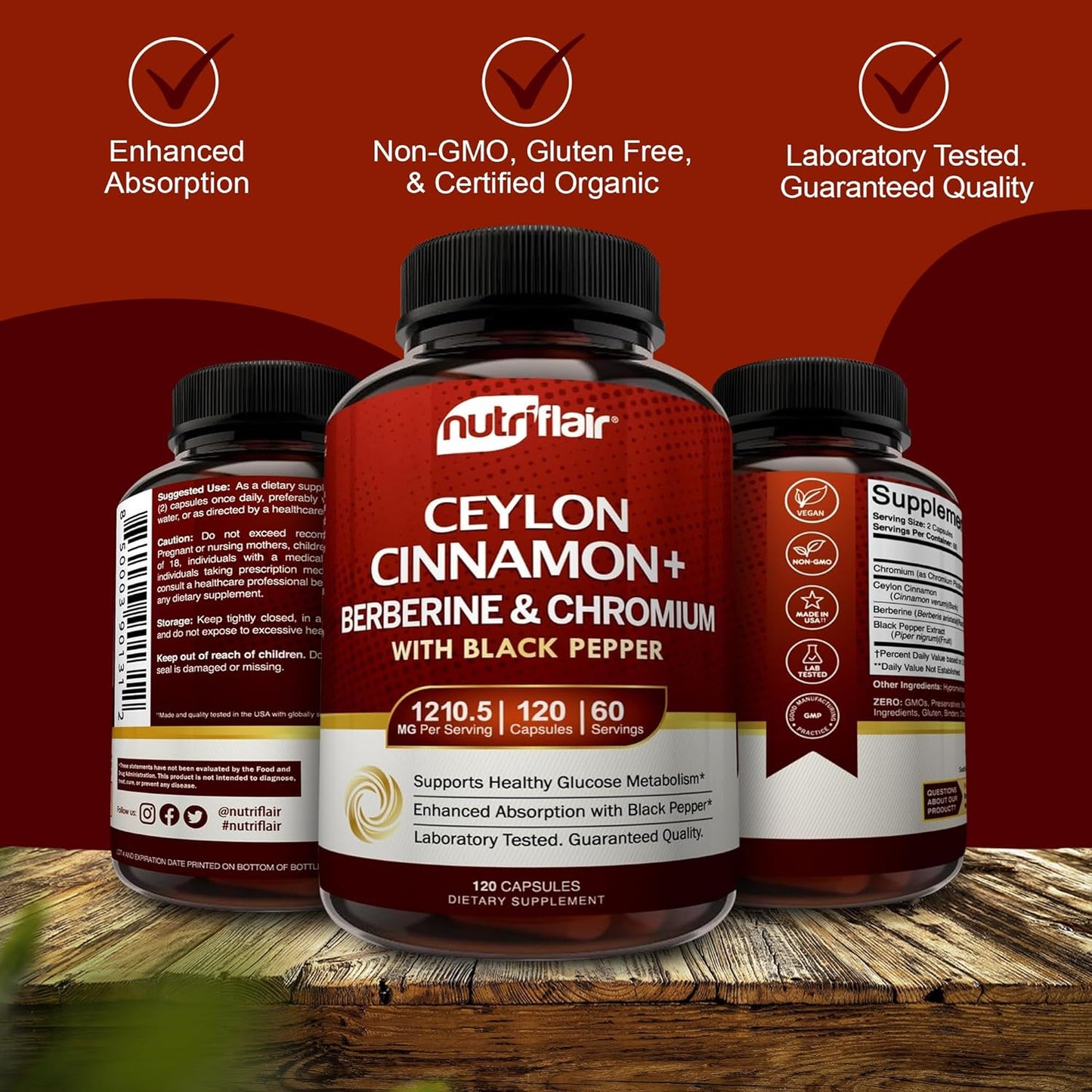 NutriFlair Ceylon Cinnamon, Berberine HCL, Chromium, Black Pepper Extract 120 Capsules