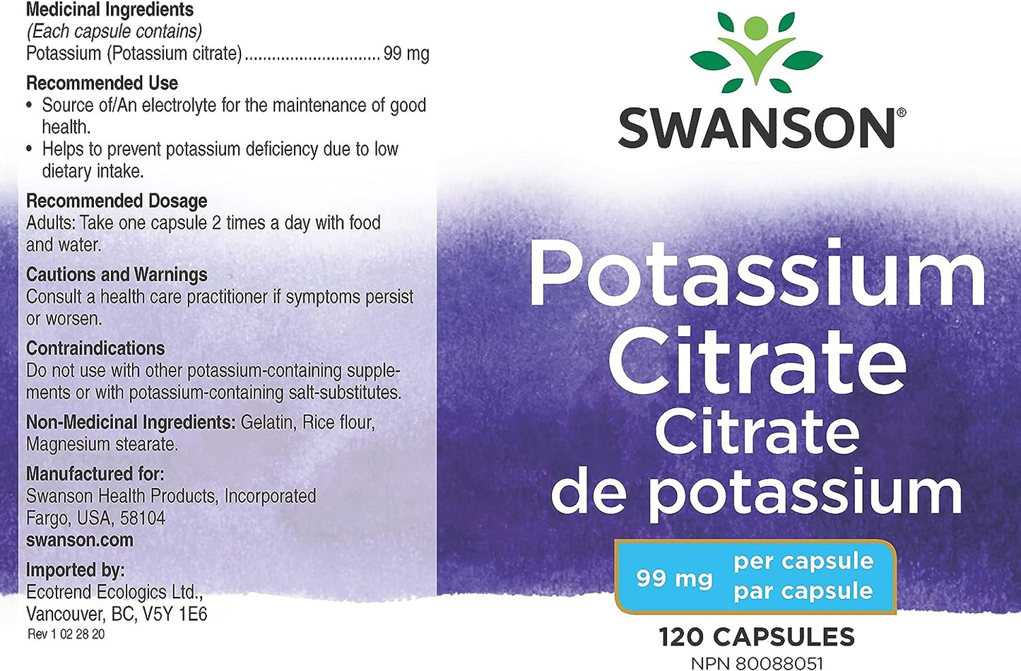 Swanson Potassium Citrate - Mineral Supplement,120 Capsules