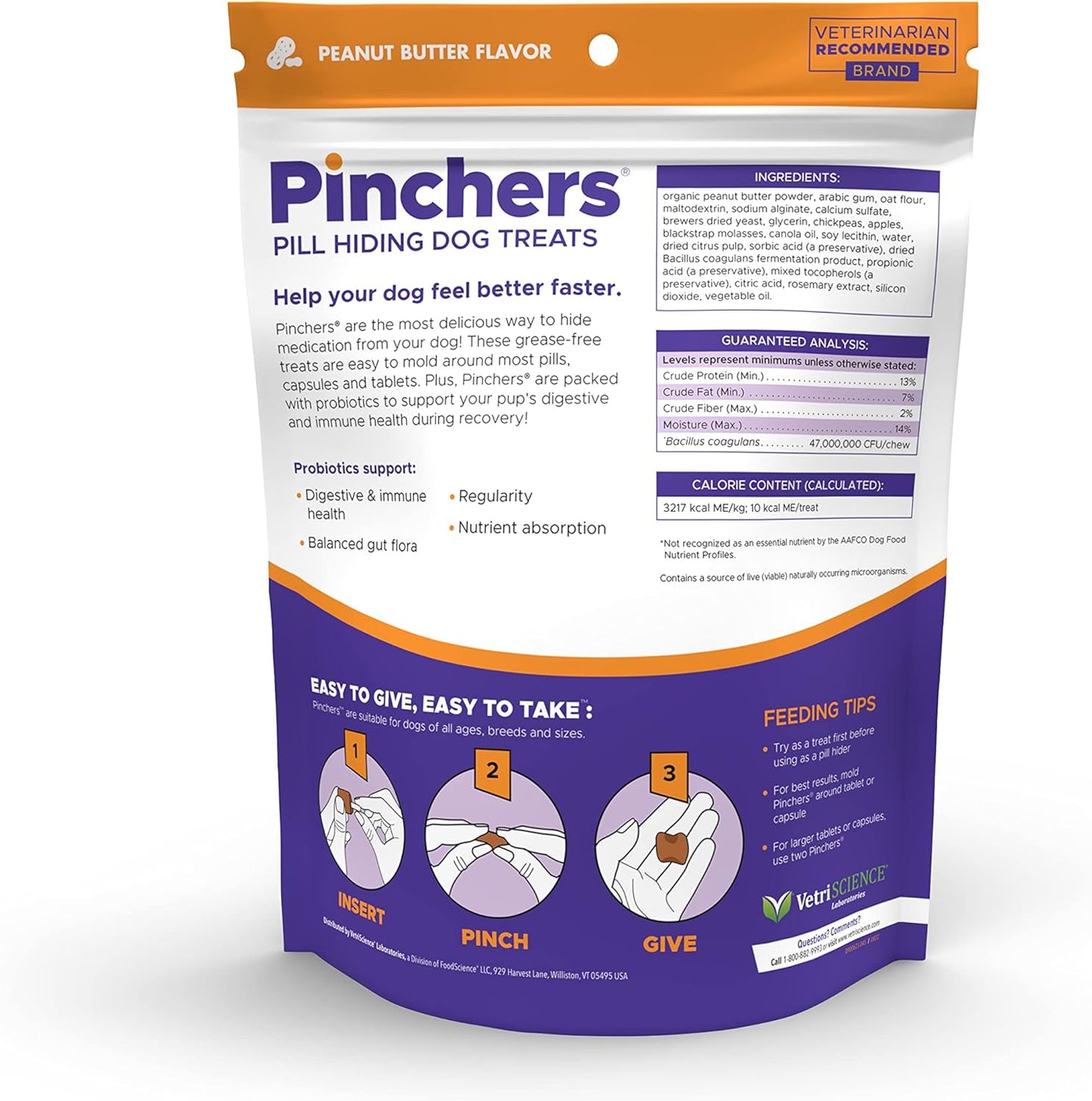 VETRISCIENCE Pinchers, Pill Hiding Dog Treats, Peanut Butter Flavor, 45 Hiders (2 Pack)