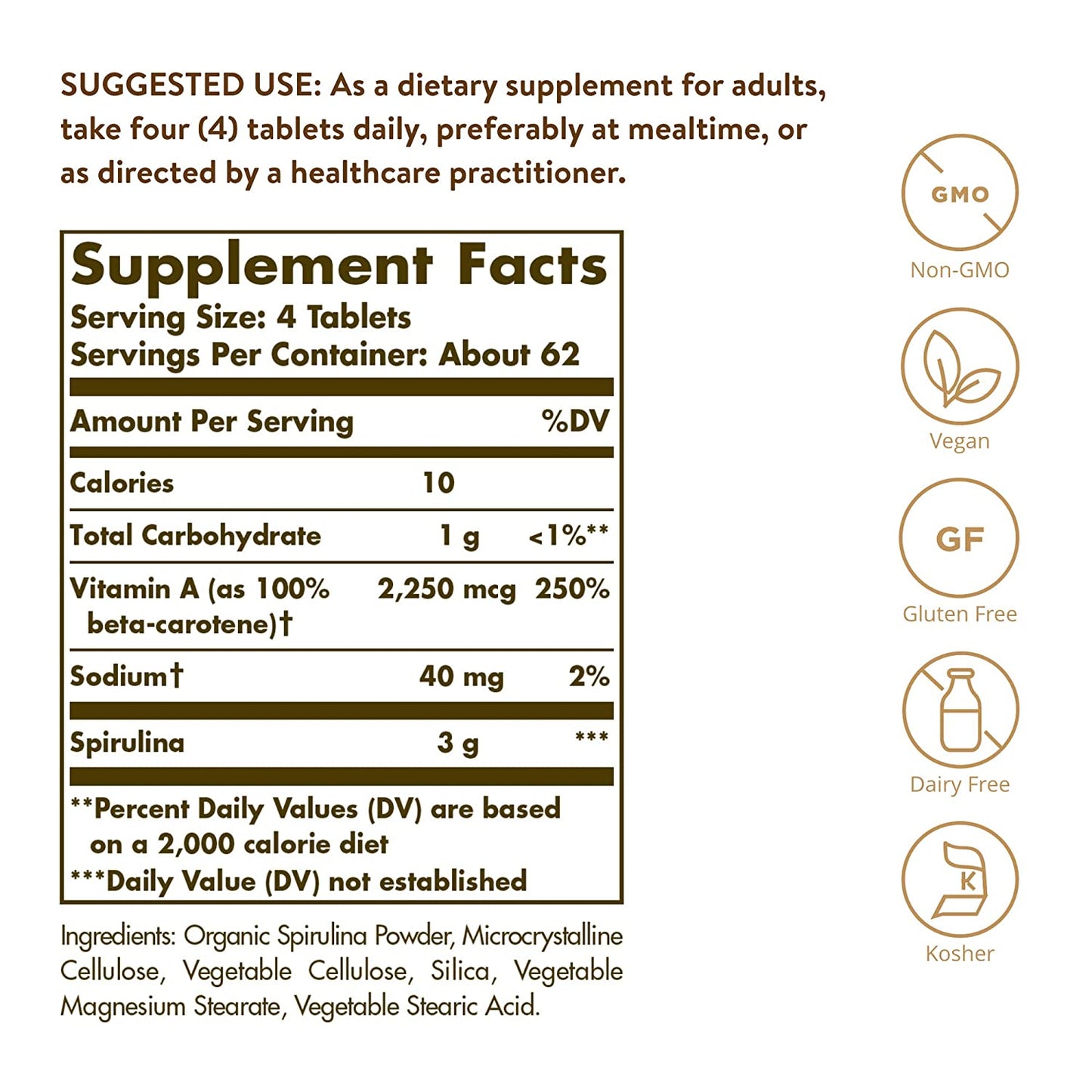 Solgar Spirulina Tablets, 750 mg, 250 Count