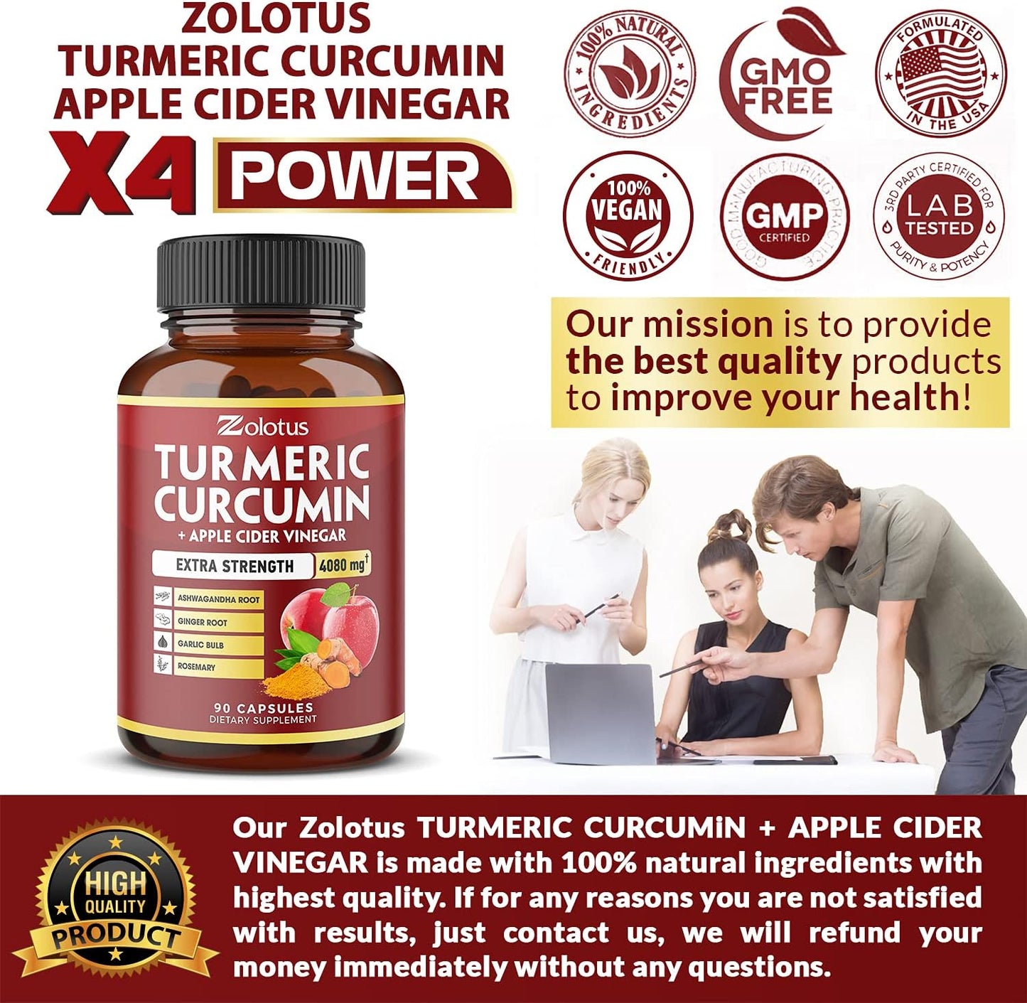 7 in 1 Turmeric Curcumin + Apple Cider Vinegar, Equivalent to 4080mg - 90 Capsules