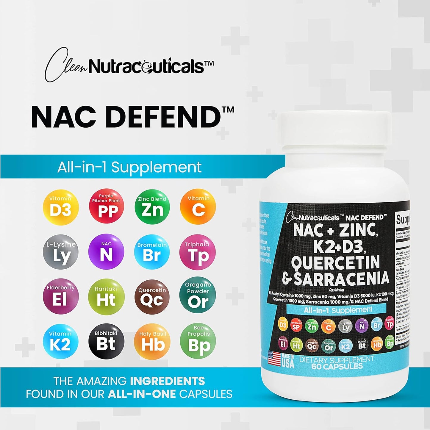 NAC Supplement N-Acetyl Cysteine Vitamin D3 K2 Zinc Quercetin Sarracenia 60 Count