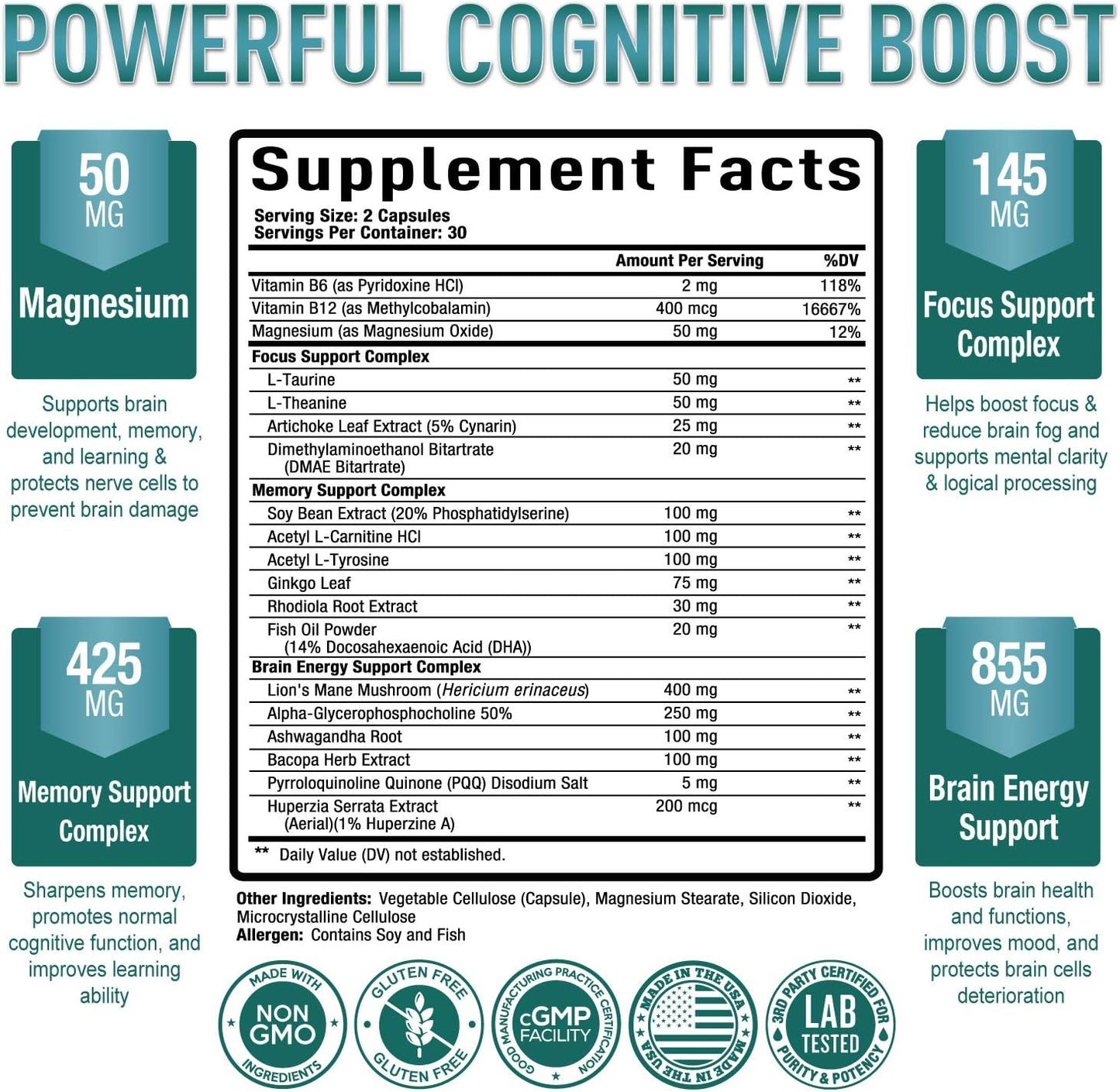 Premium Brain Supplement -  Nootropic Brain Booster for Focus- 60 Caps