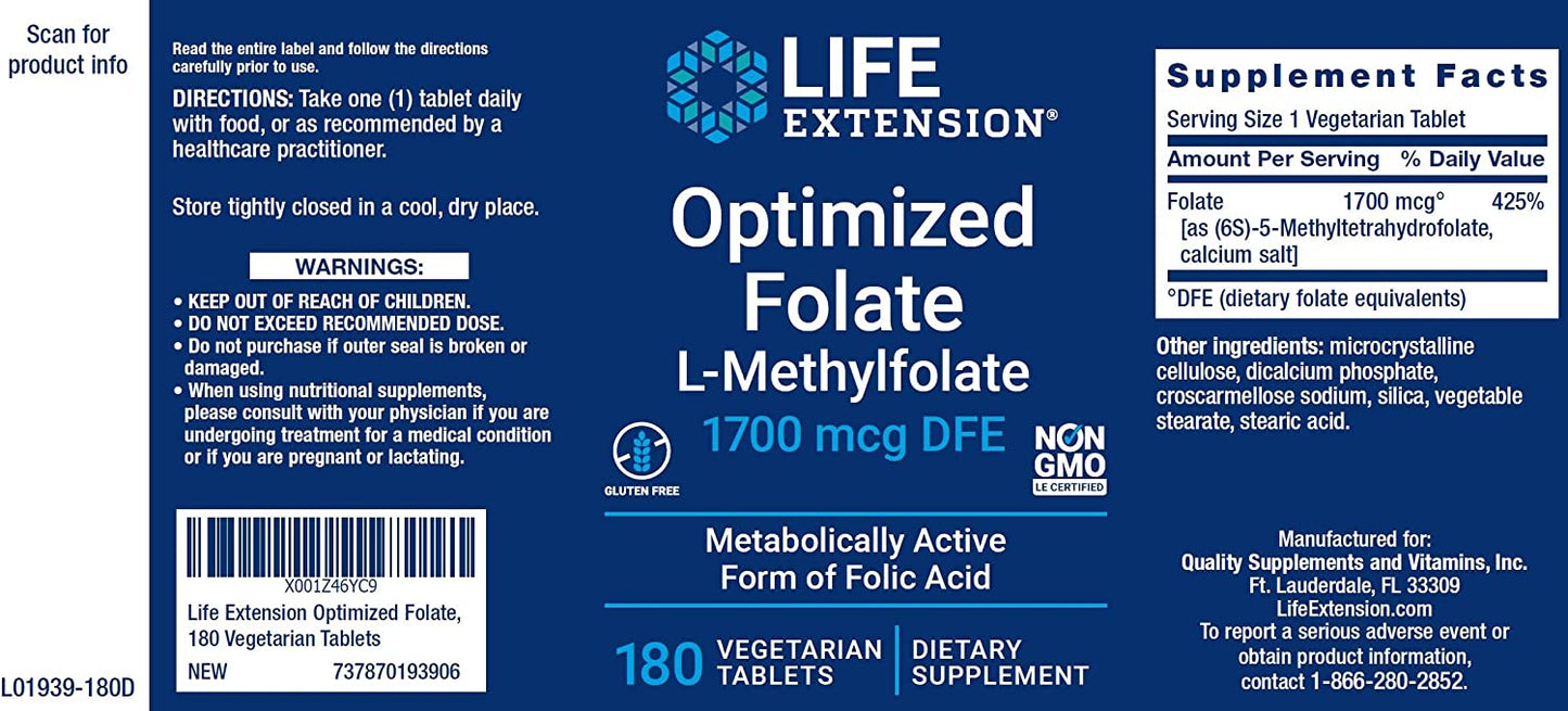 Life Extension Optimized Folate (L-Methylfolate) 1700 mcg DFE, 180 Veg Tablets