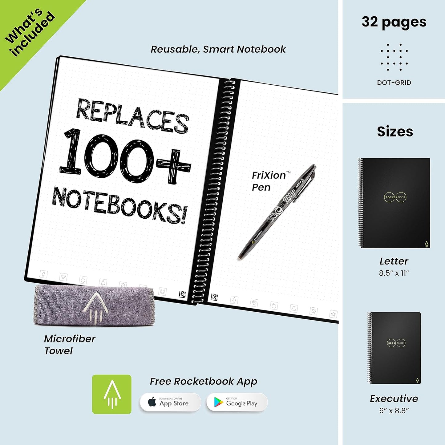 Rocketbook Core Reusable Smart Notebook Dotted, 8.5" x 11", 32 Pg, Deep Space Gray, with Pen, Cloth, and App Included