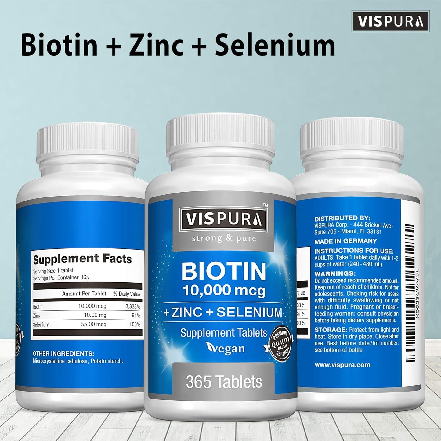 Biotin 10000 mcg + Zinc + Selenium, Pure, Vegan & Extra Strong -365 tablets