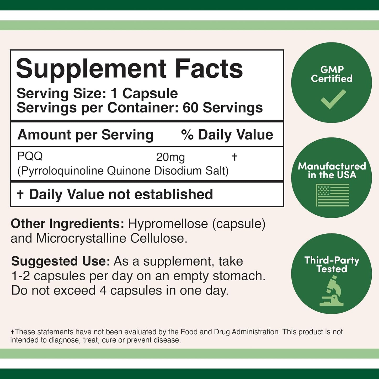 PQQ  - 20mg,  Promotes Mitochondria ATP Coenzyme Levels 60 capsules