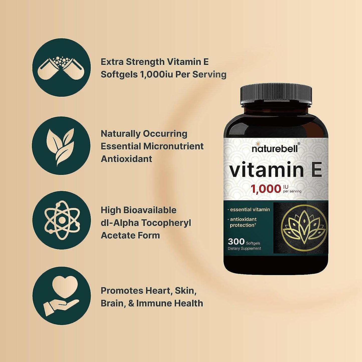 NatureBell Vitamin E Oil Softgels, 1,000 IU Per Serving, 300 Pills