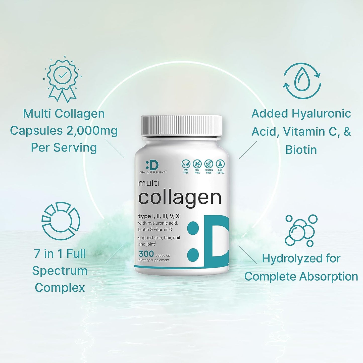 Multi-Collagen Pills with Vitamin C & Biotin - 300 Capsules