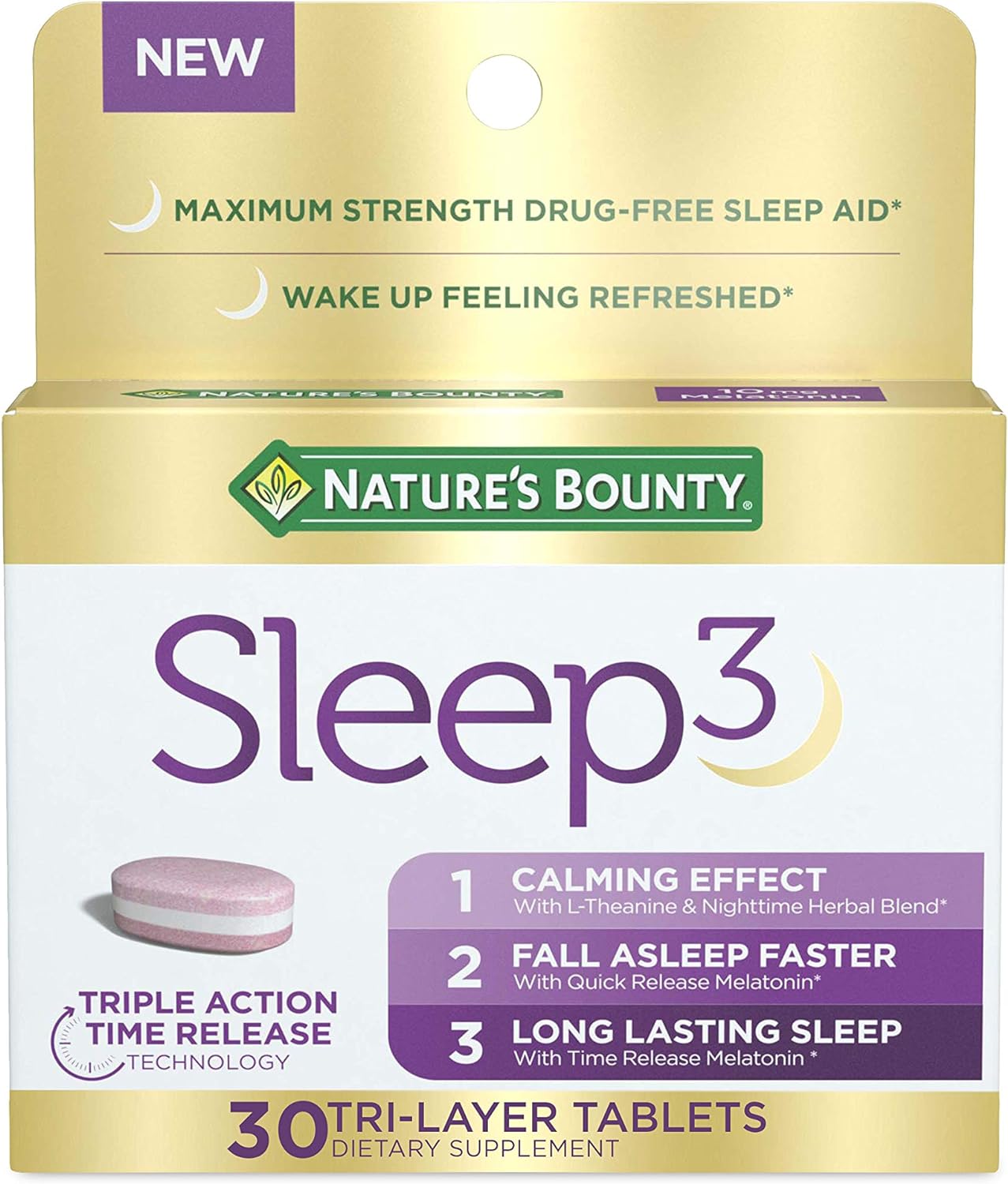 Nature's Bounty Melatonin, Sleep3 Maximum Strength 100% Drug Free Sleep Aid, Dietary Supplement, 30 count