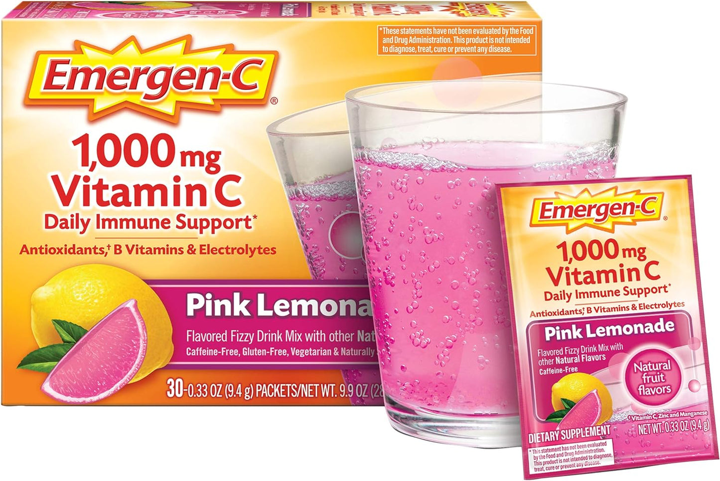 Emergen-C 1000mg Vitamin C Powder, with Antioxidants, B Vitamins and Electrolytes, Immunity Supplements for Immune Support, Caffeine Free Fizzy Drink Mix, Pink Lemonade Flavor - 30 Count