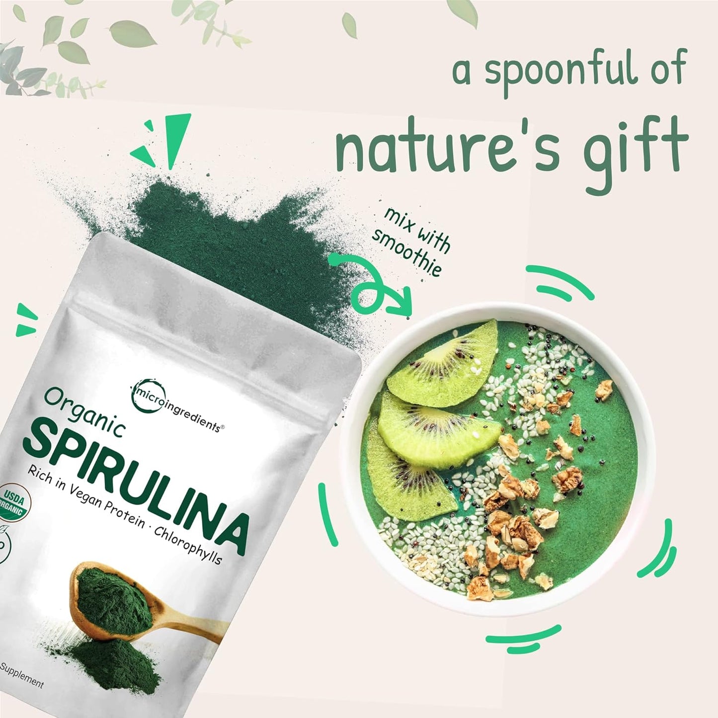 Micro Ingredients Organic Spirulina Powder, 16 Ounce