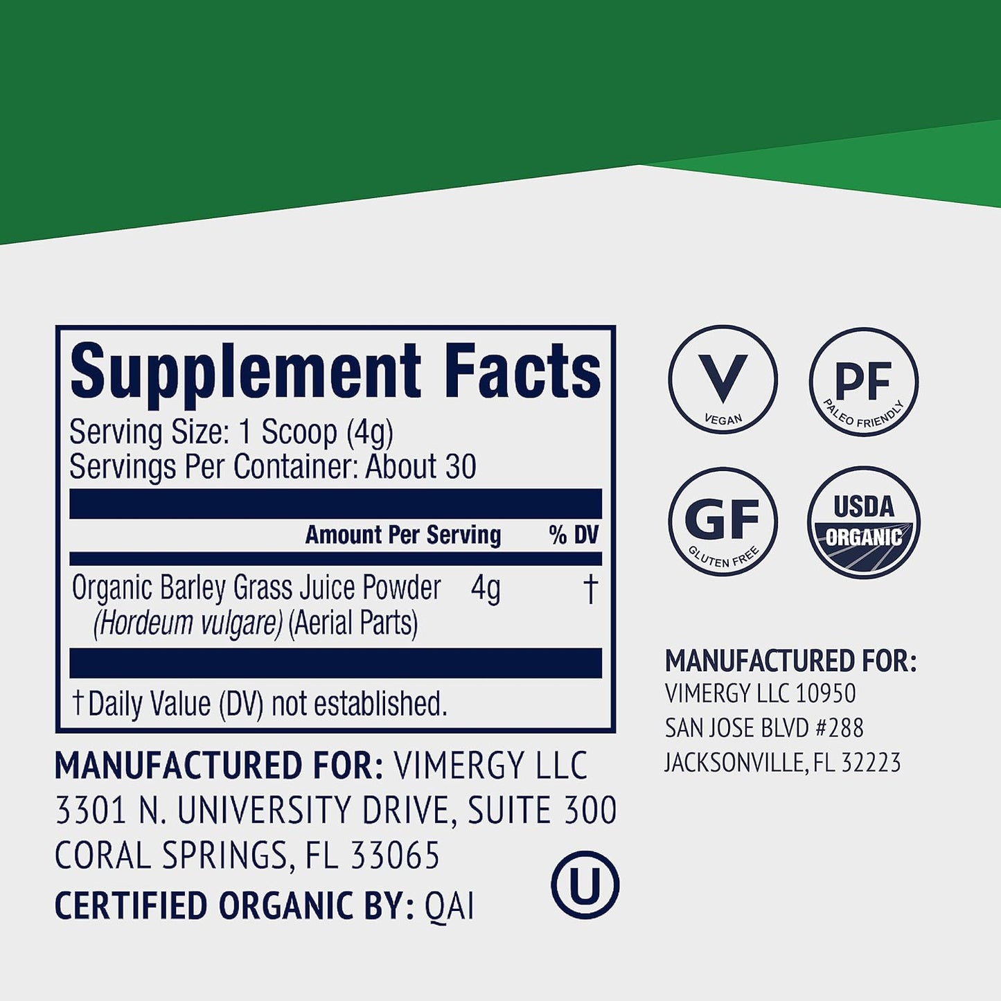 Vimergy USDA Organic Barley Grass Juice Powder