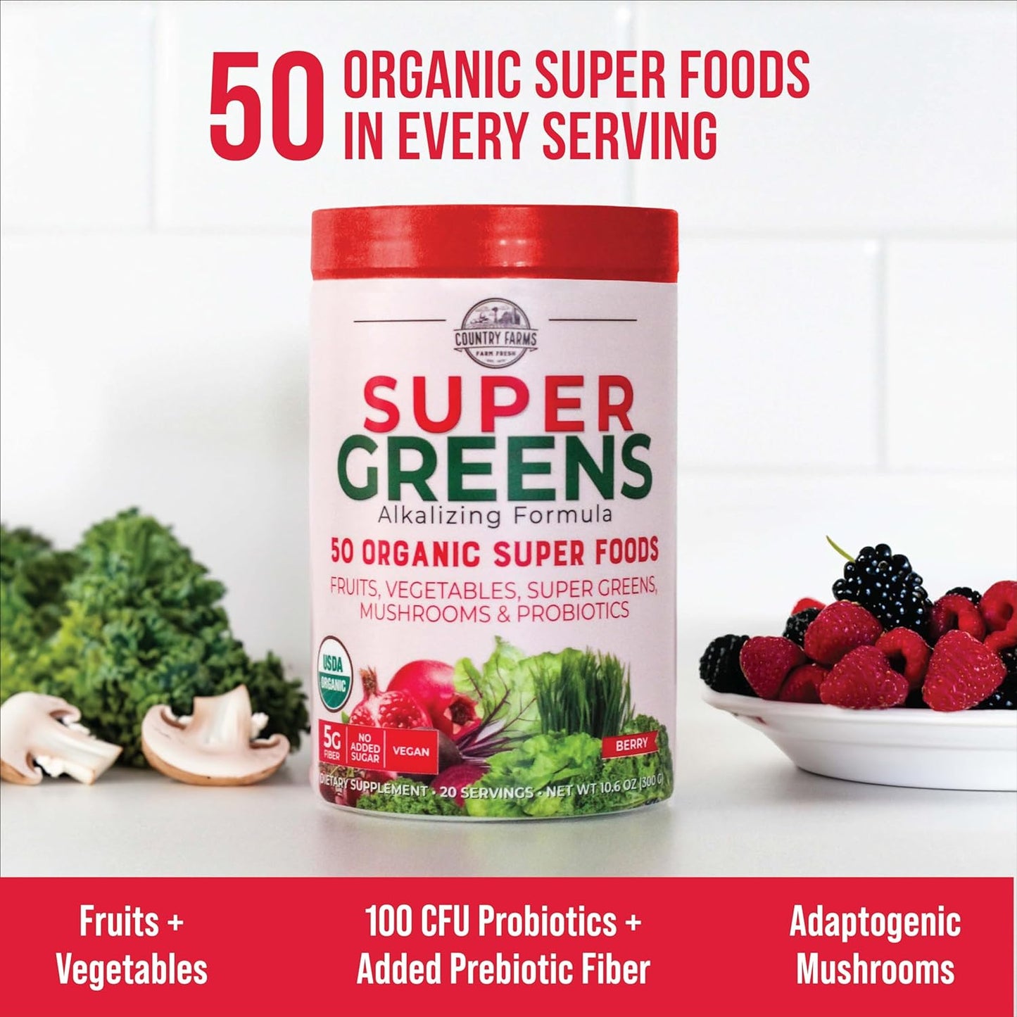 COUNTRY FARMS Super Greens Berry Flavor, 50 Organic Super Foods, 20 Servings