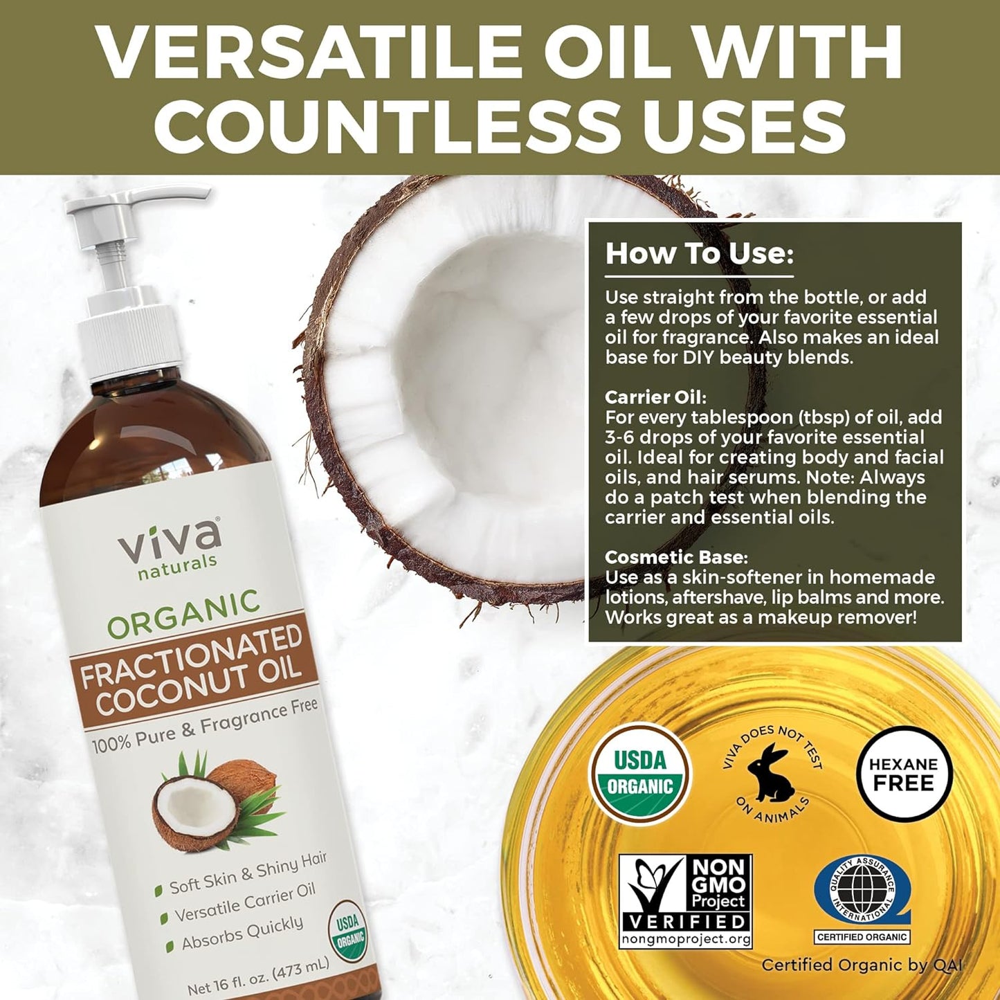 Viva Naturals Organic Fractionated Coconut Oil - Skin & Hair Moisturizer, Relaxing Massage and Body Oil