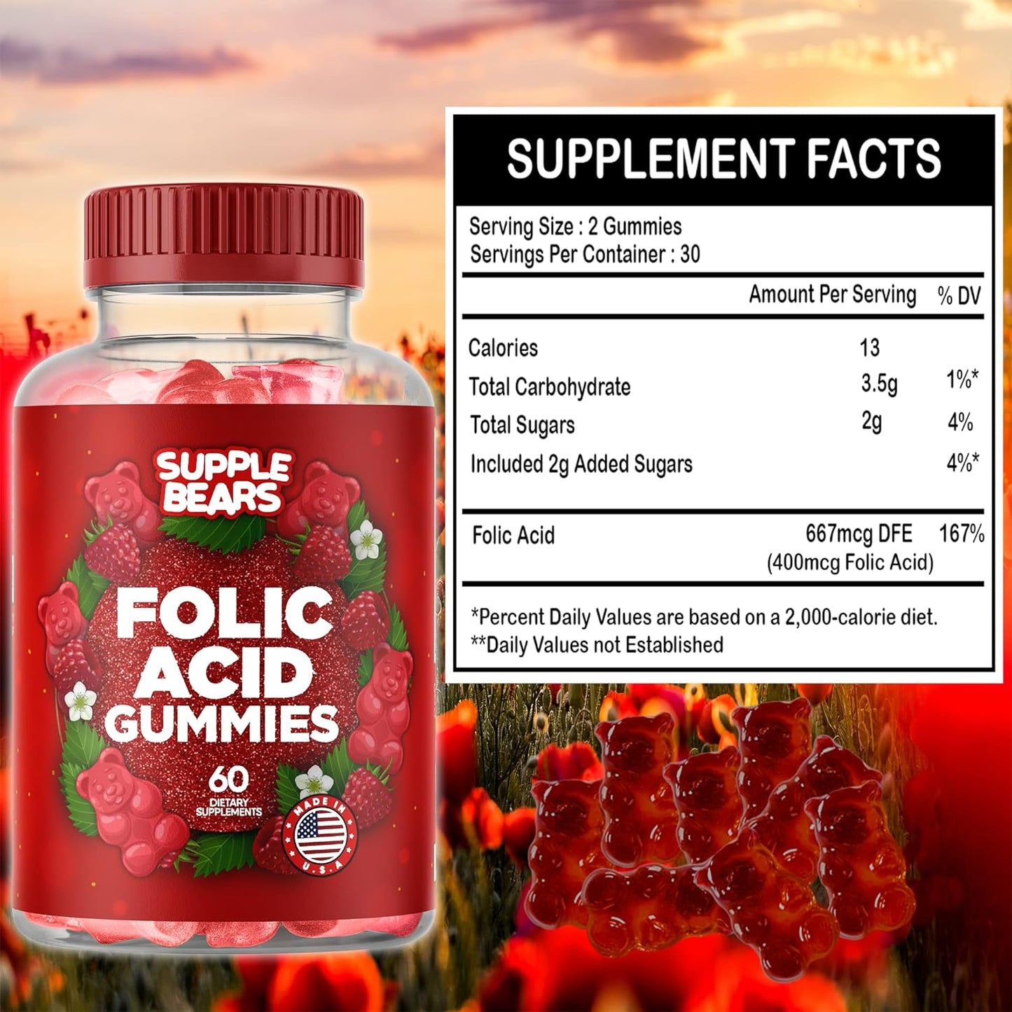 Supplebears Folic Acid Gummies 400mcg- 60 count