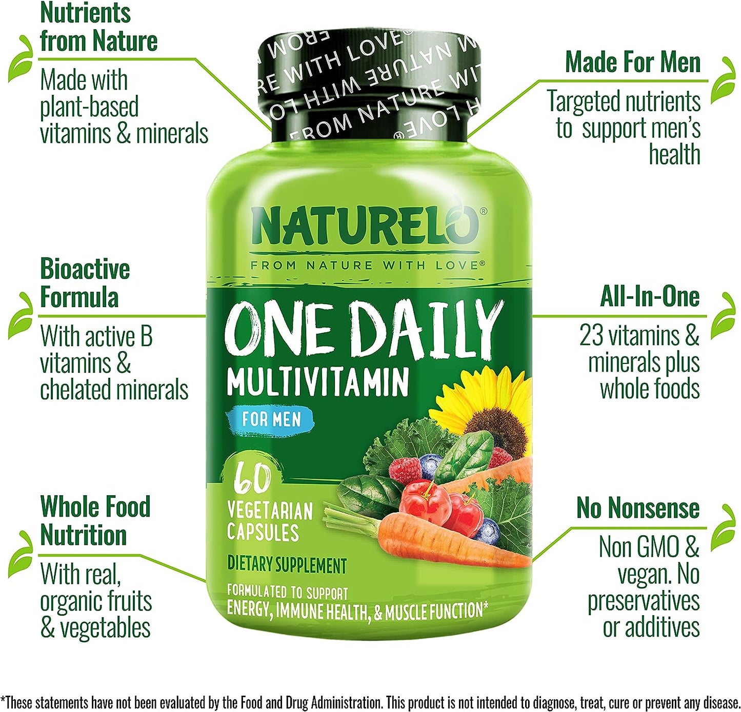 NATURELO One Daily Multivitamin for Men - with Vitamins & Minerals + Organic Whole Foods - 60 capsules