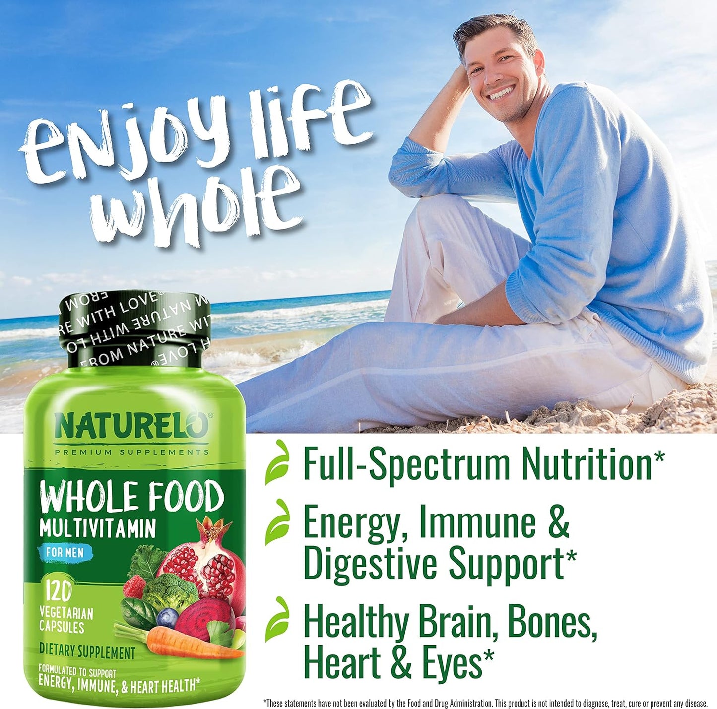 NATURELO Whole Food Multivitamin for Men - 120 Vegan Capsules