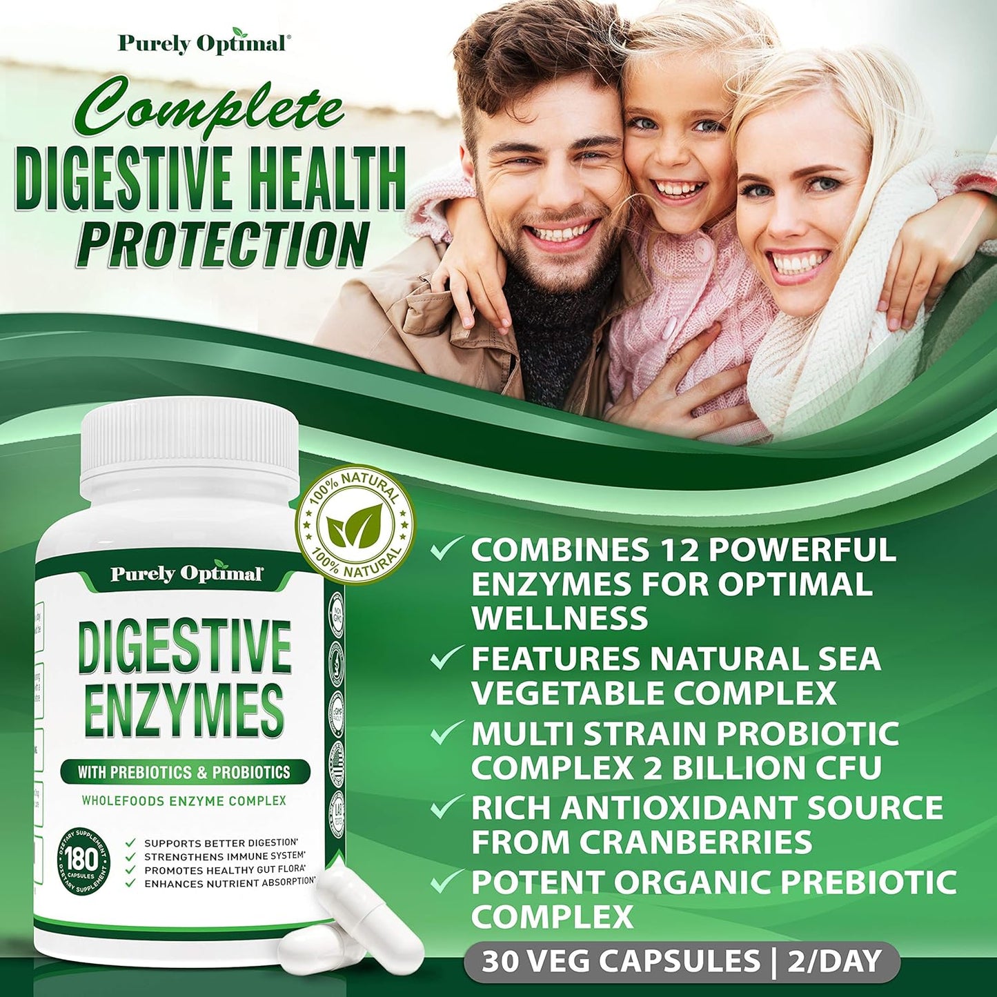 Purely Optimal Premium Digestive Enzymes Plus Prebiotics & Probiotics - 120 capsules