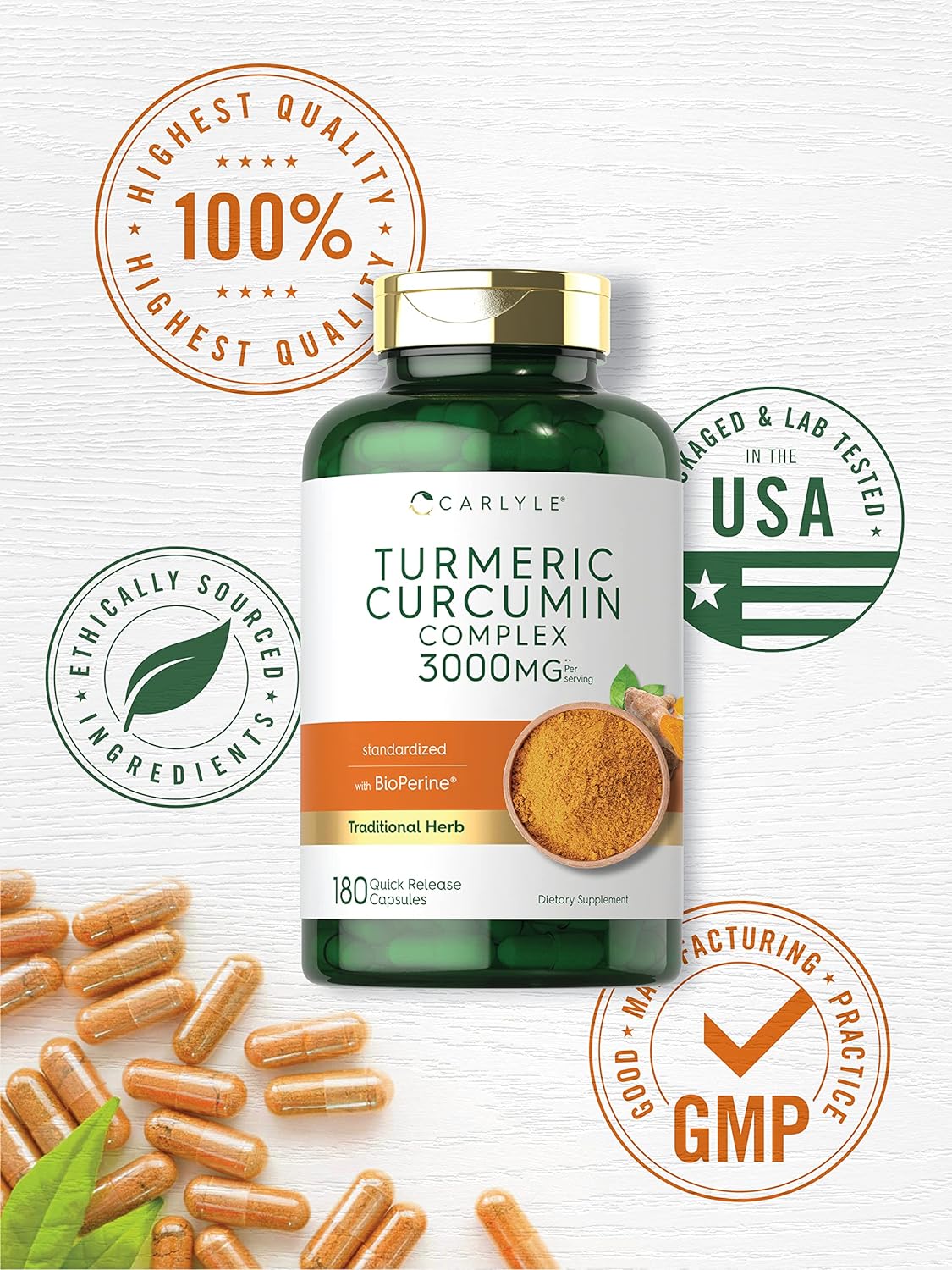 Carlyle Turmeric Curcumin with Black Pepper 3000mg 180 Capsules