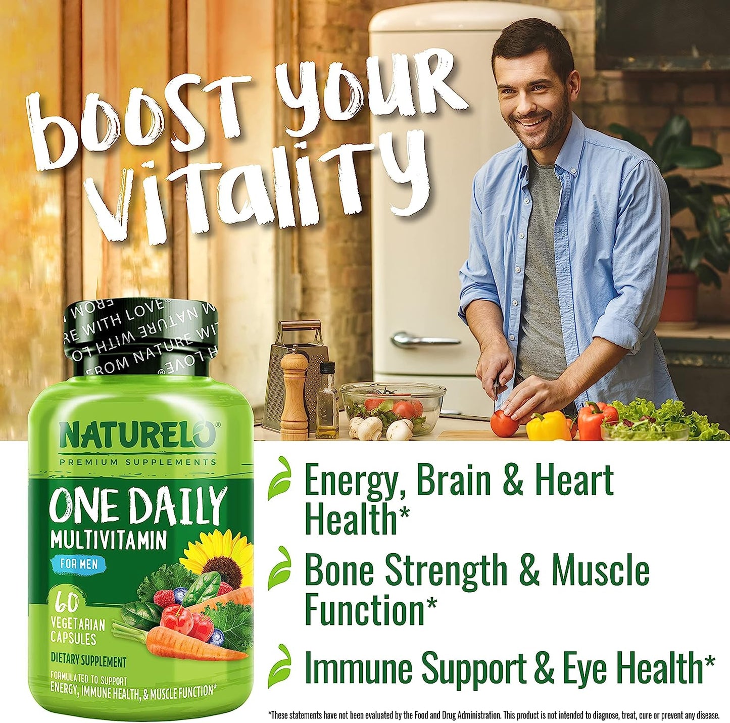 NATURELO One Daily Multivitamin for Men - with Vitamins & Minerals + Organic Whole Foods - 60 capsules