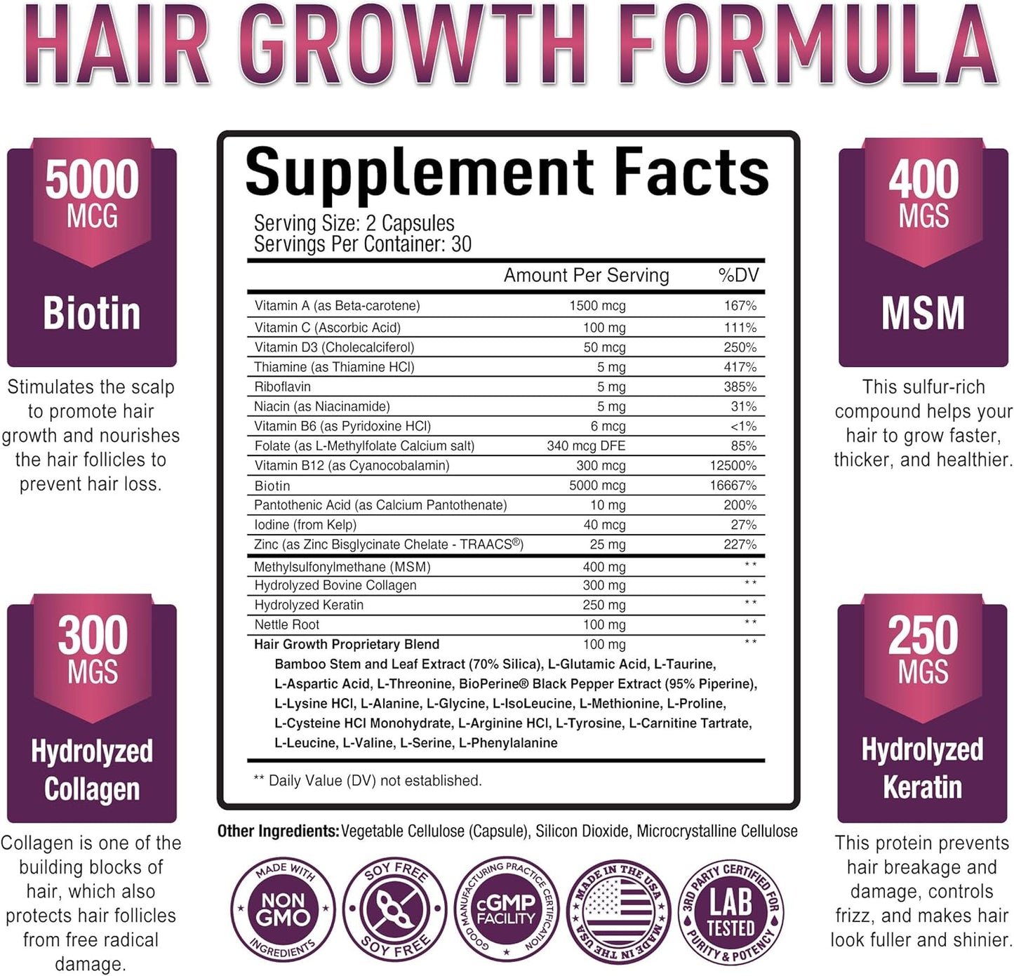 Premium Hair Growth Vitamins w/Biotin & Keratin  60 Capsules