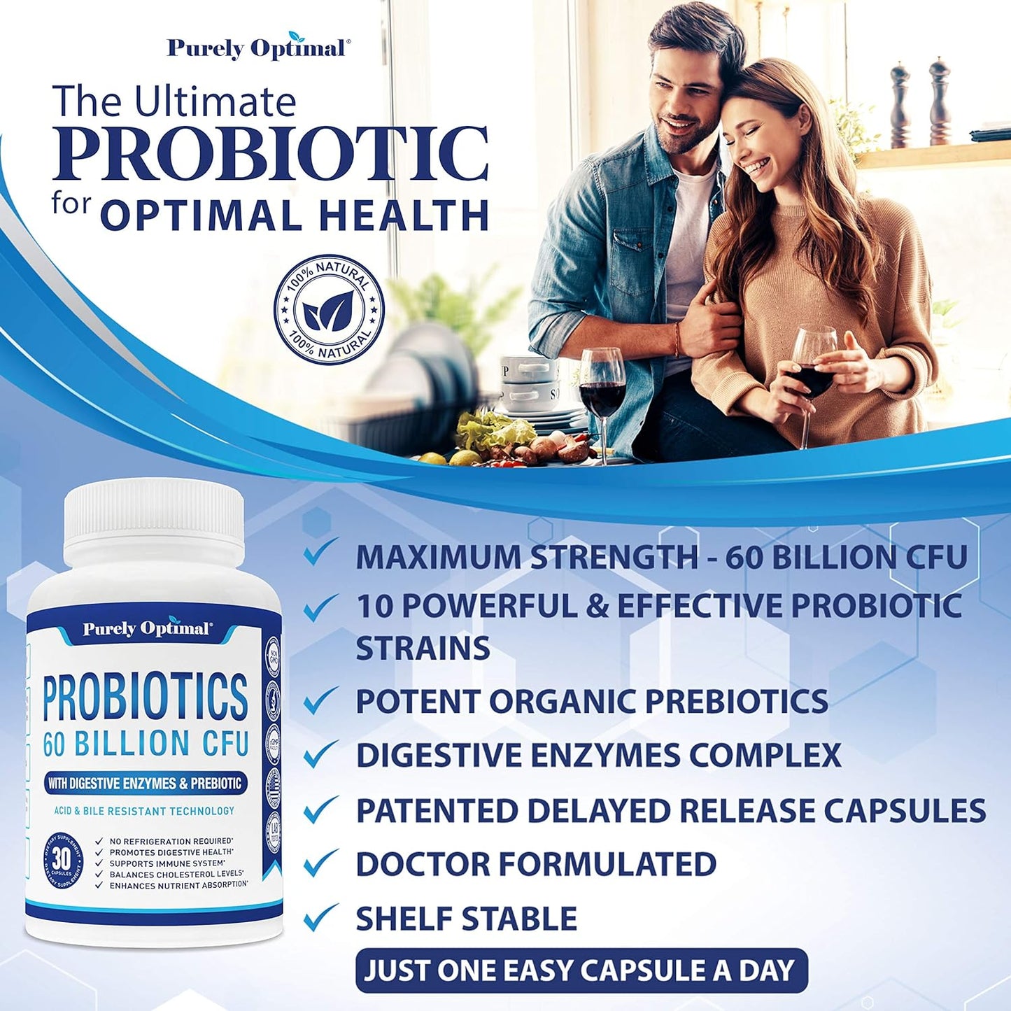 Premium Probiotics 60 Billion CFU with Organic Prebiotic, 30 count