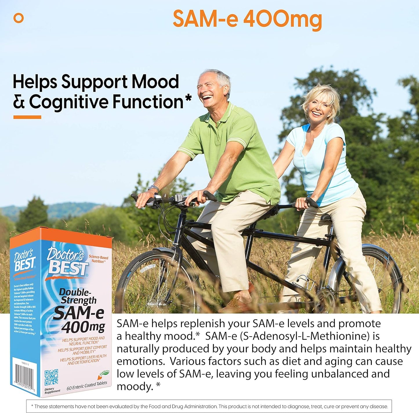 Doctor's Best SAM-e 400 mg, Vegan, Gluten Free, 60 Enteric Coated Tablets