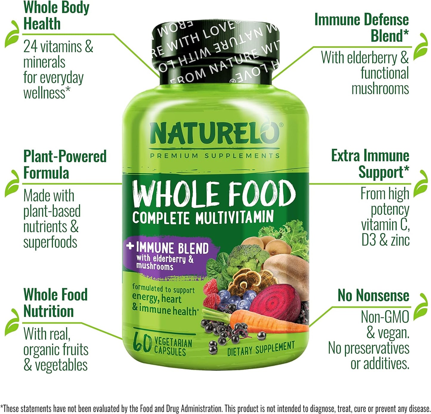 NATURELO Whole Food Multivitamin + Immune Blend with Elderberry & Mushrooms - 60 capsules