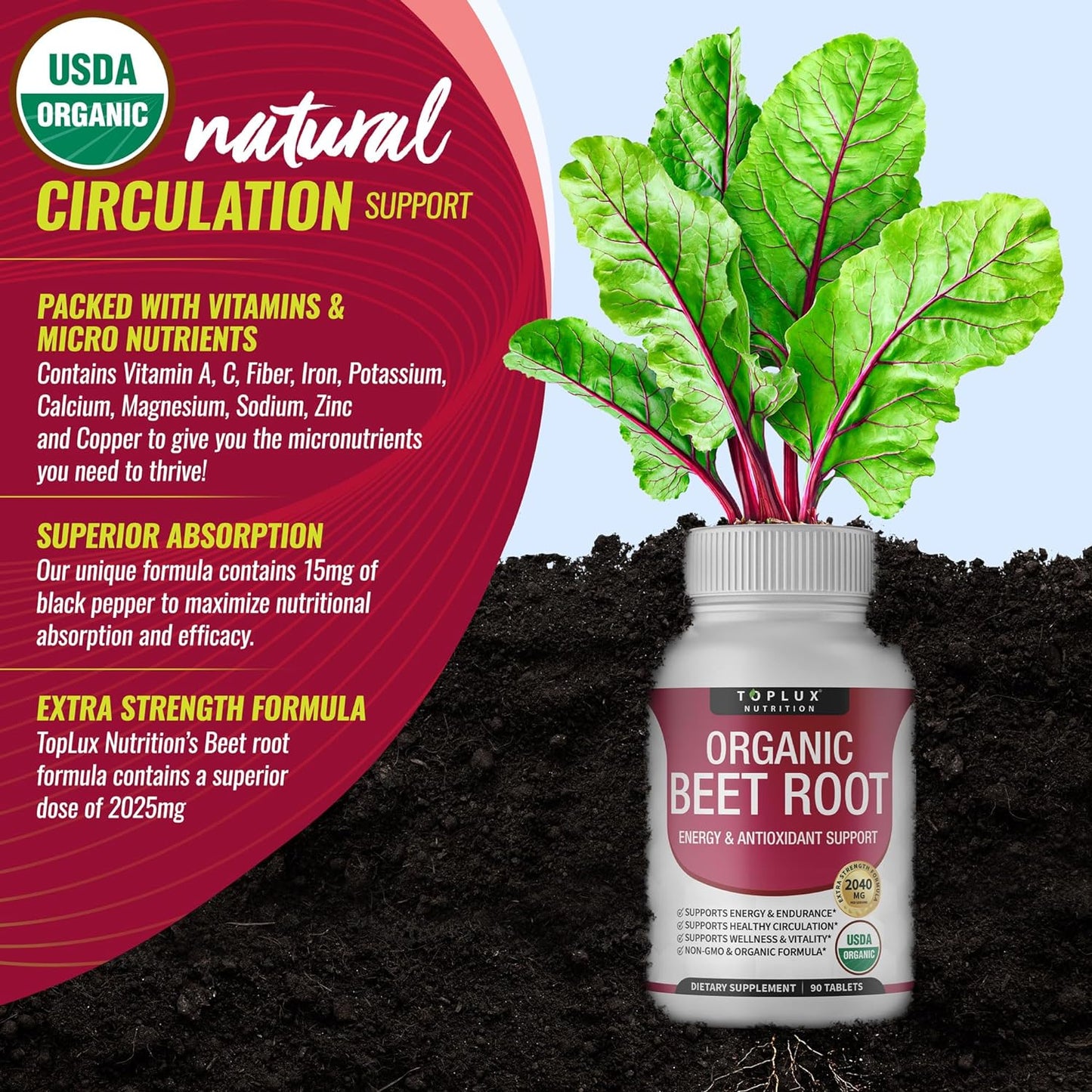 Organic Beet Root Powder Natural Nitric Oxide Beets  90 Tablets