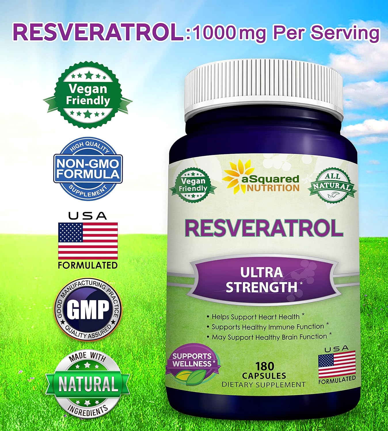 100% Natural Resveratrol - 1000mg Per Serving Max Strength (180 Capsules)