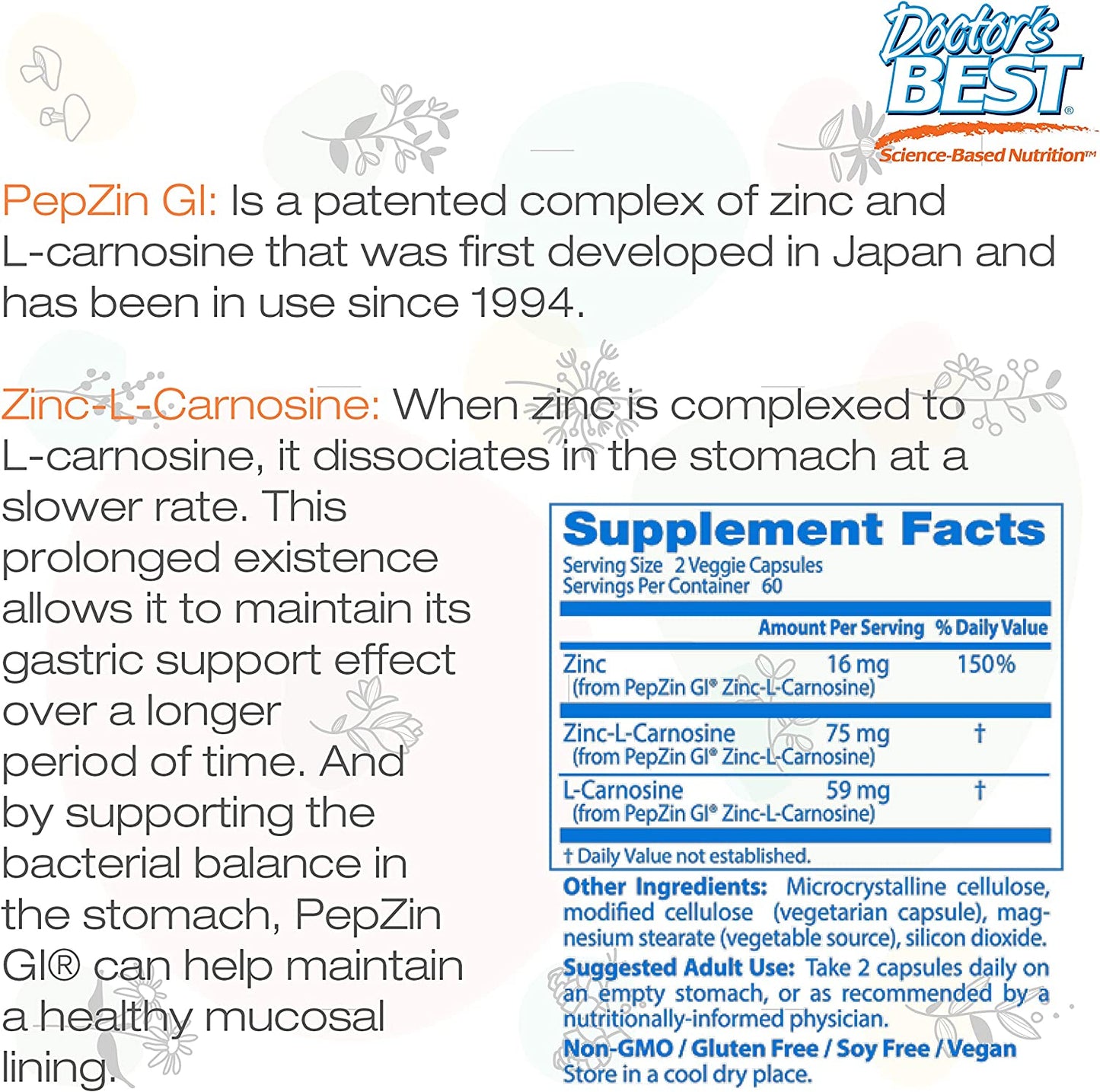 Doctor's Best PepZin GI, Zinc-L-Carnosine Complex, 120 Veggie Caps