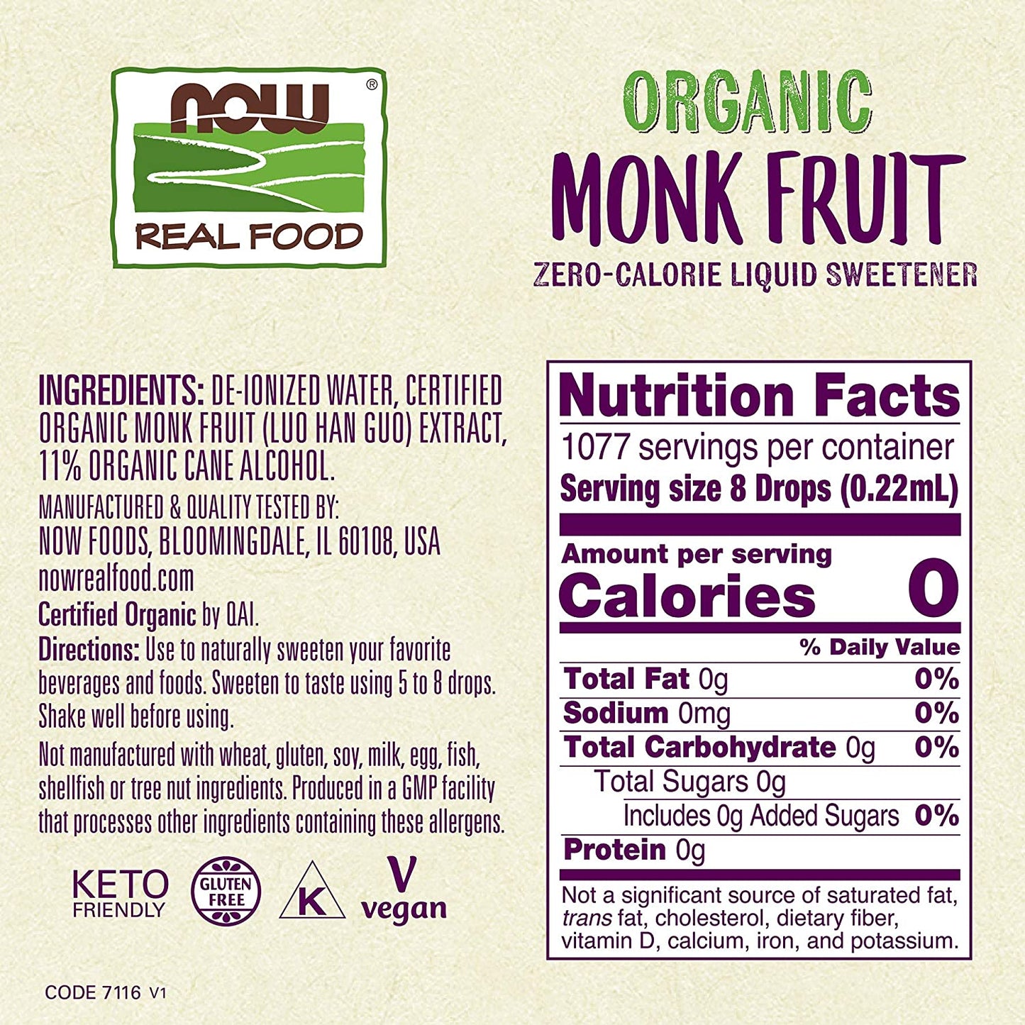 NOW Foods, Certified Organic Monk Fruit Liquid, Zero-Calorie Liquid Sweetener, Low Glycemic Impact, 8-Ounce