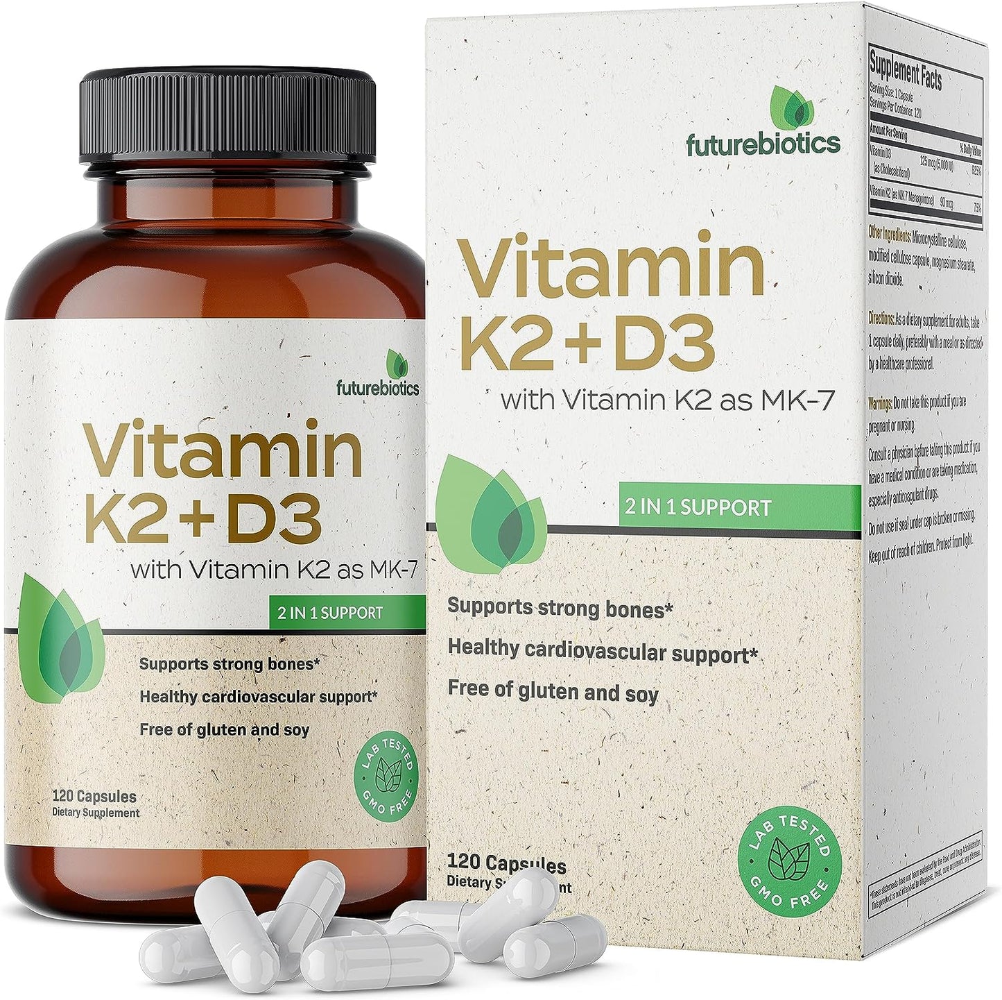 Futurebiotics Vitamin K2 with D3 Supplement  120 Vegetarian Capsules