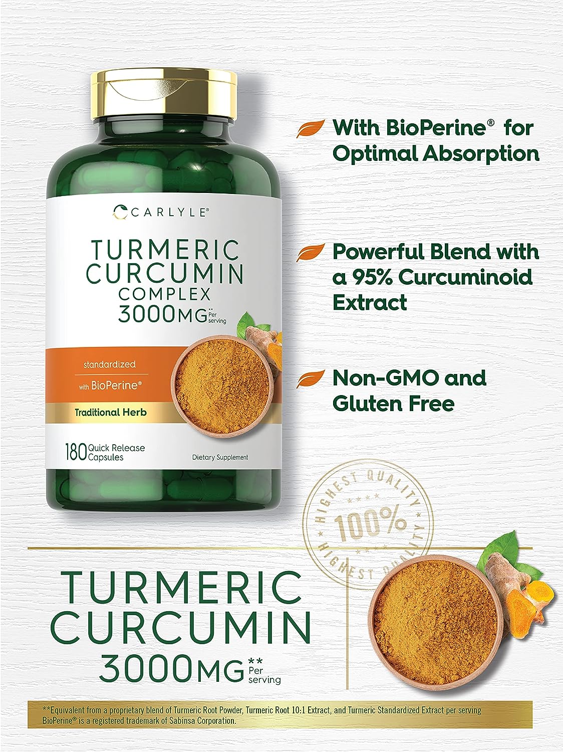 Carlyle Turmeric Curcumin with Black Pepper 3000mg 180 Capsules