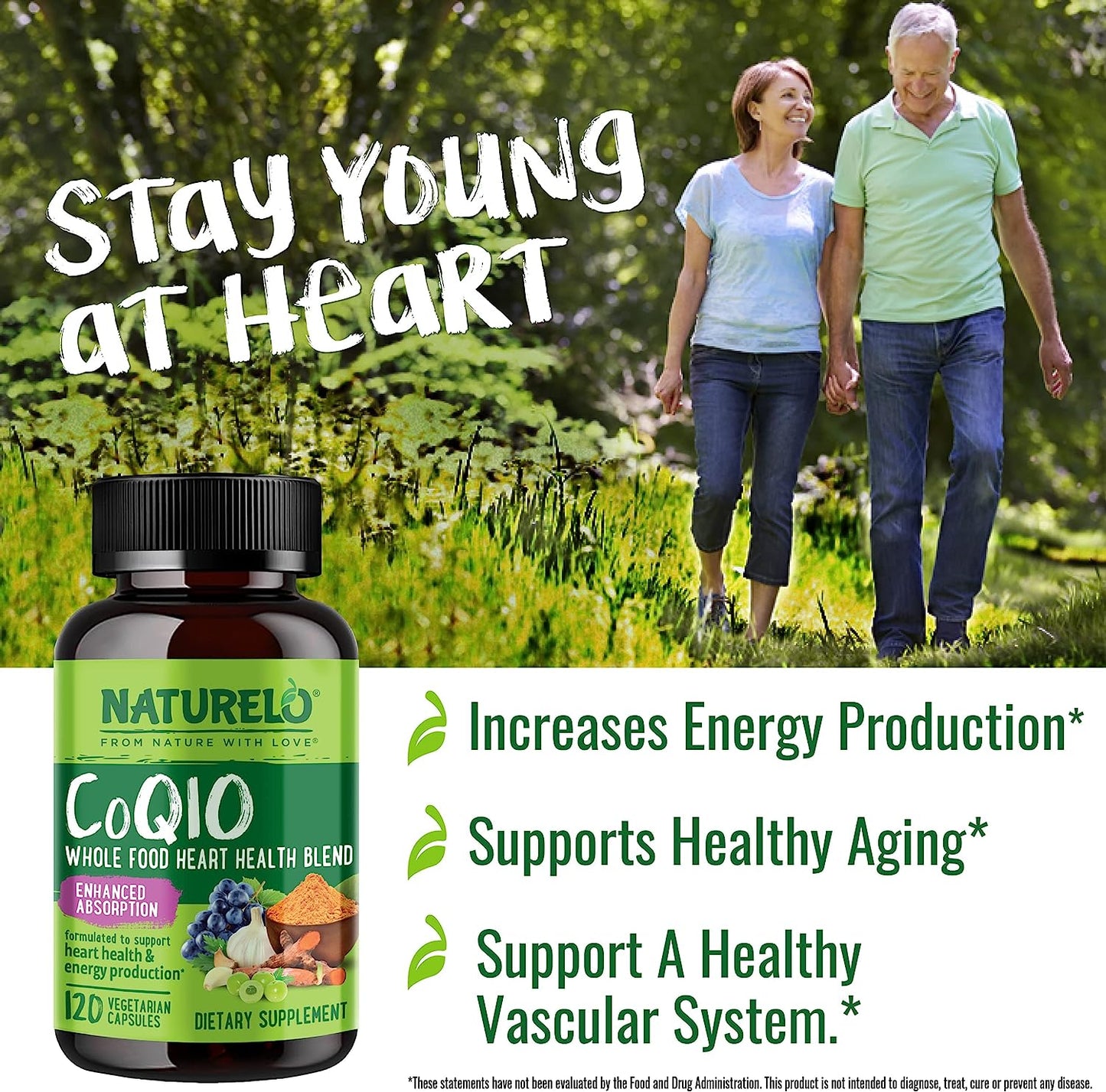 NATURELO Whole Food CoQ10 with Heart Health Blend, 120 capsules