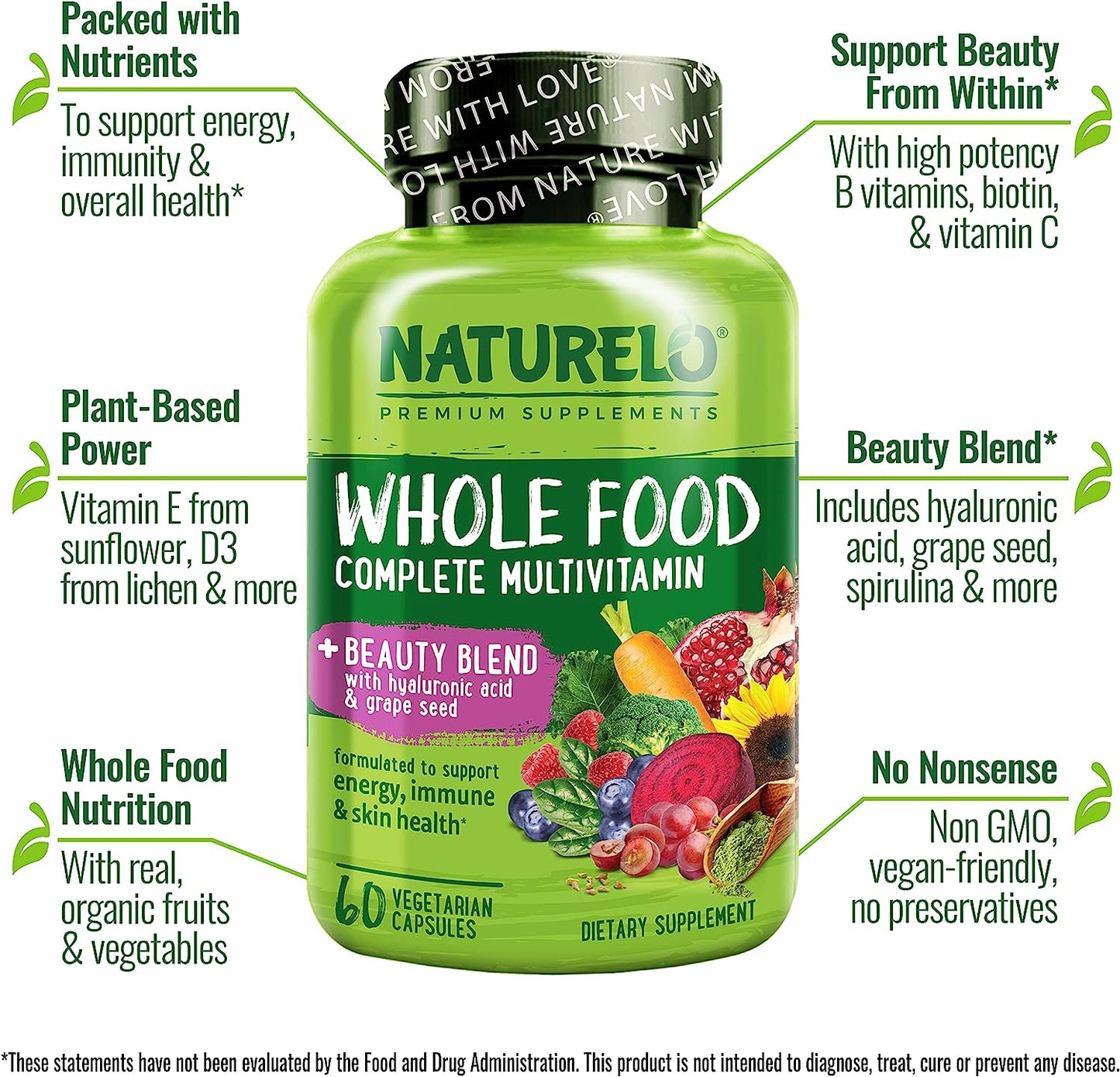 NATURELO Whole Food Multivitamin with Extra Hair, Skin and Nails Support – 60 capsules