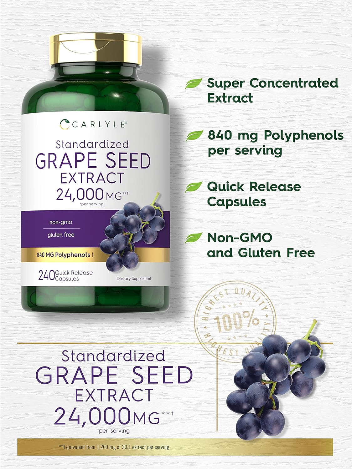 Carlyle Grape Seed Extract 24,000 mg Equivalent 240 Capsules