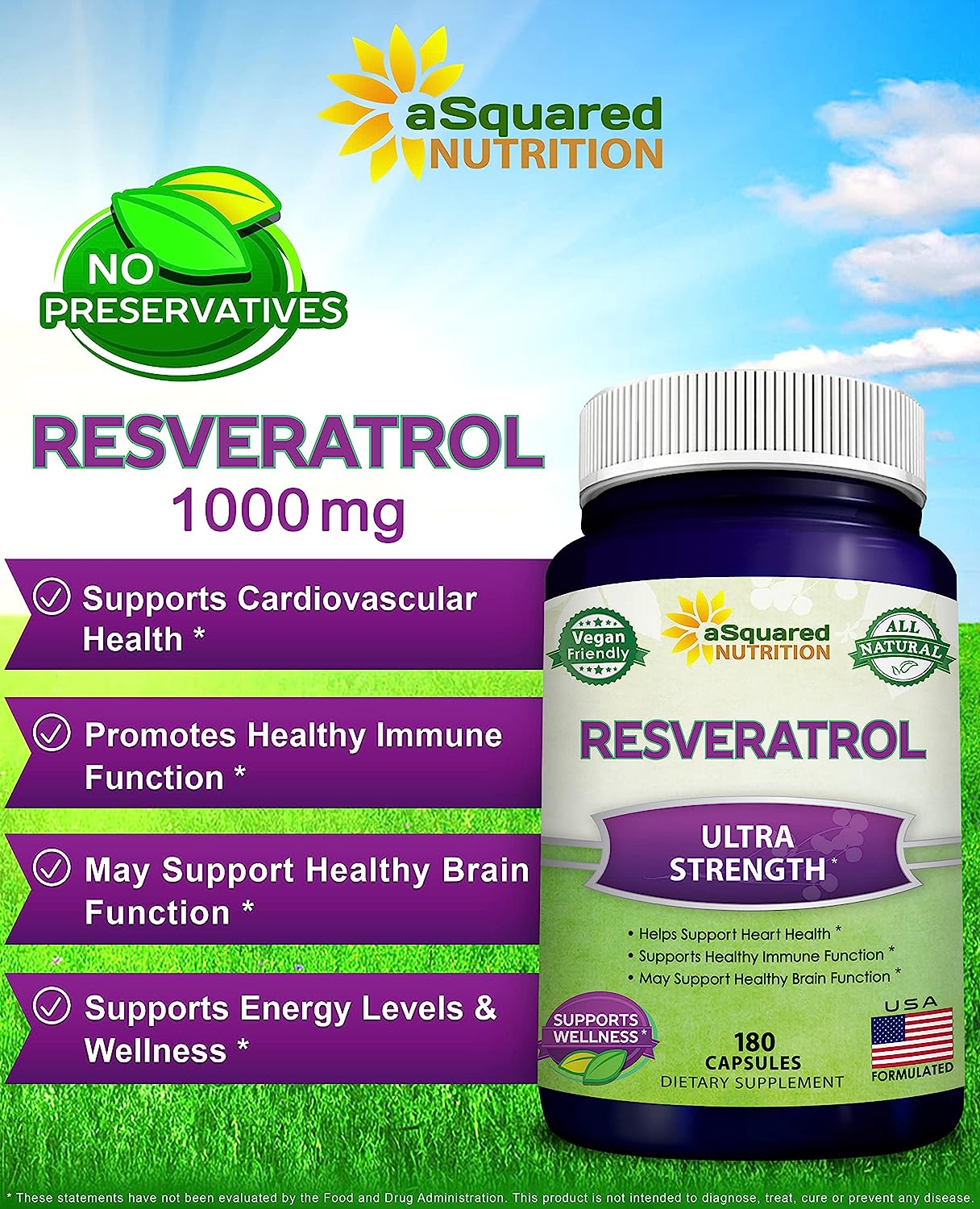 100% Natural Resveratrol - 1000mg Per Serving Max Strength (180 Capsules)