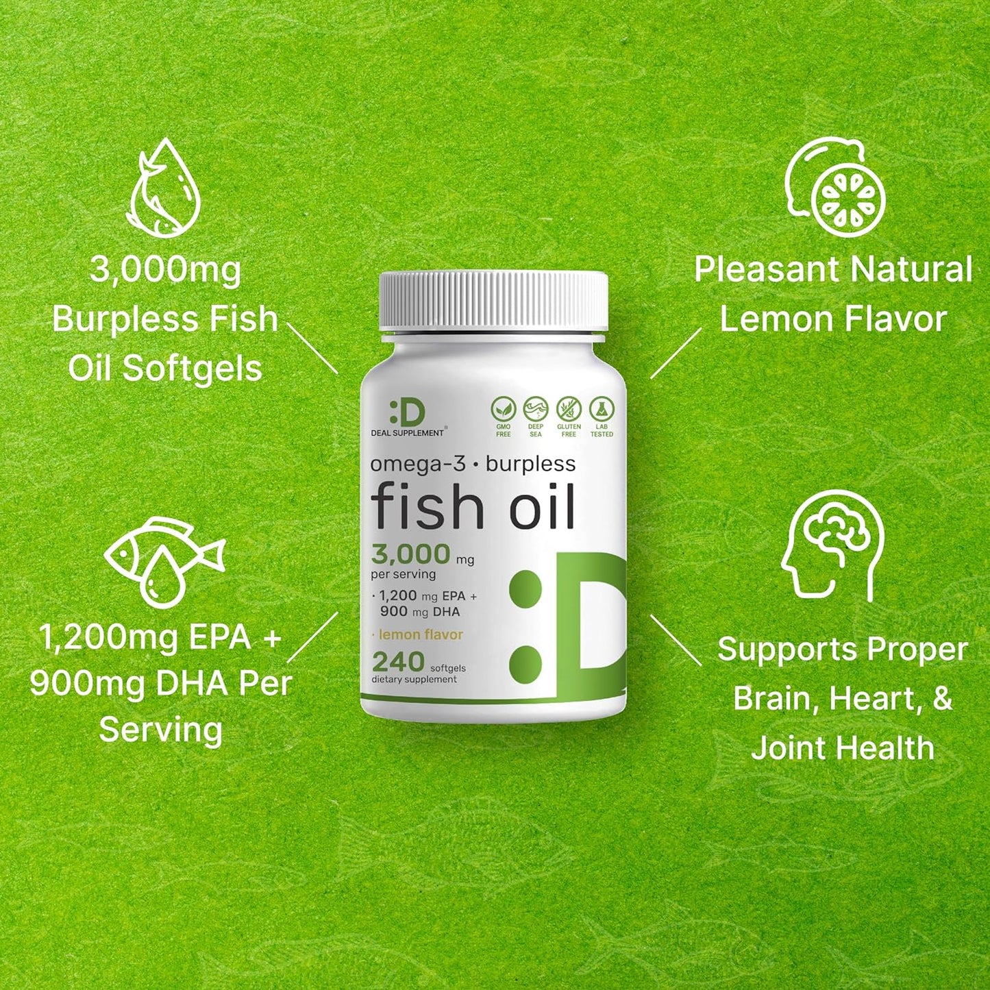 Omega 3 Fish Oil Supplements, 3,000mg Per Serving, 240 Softgels