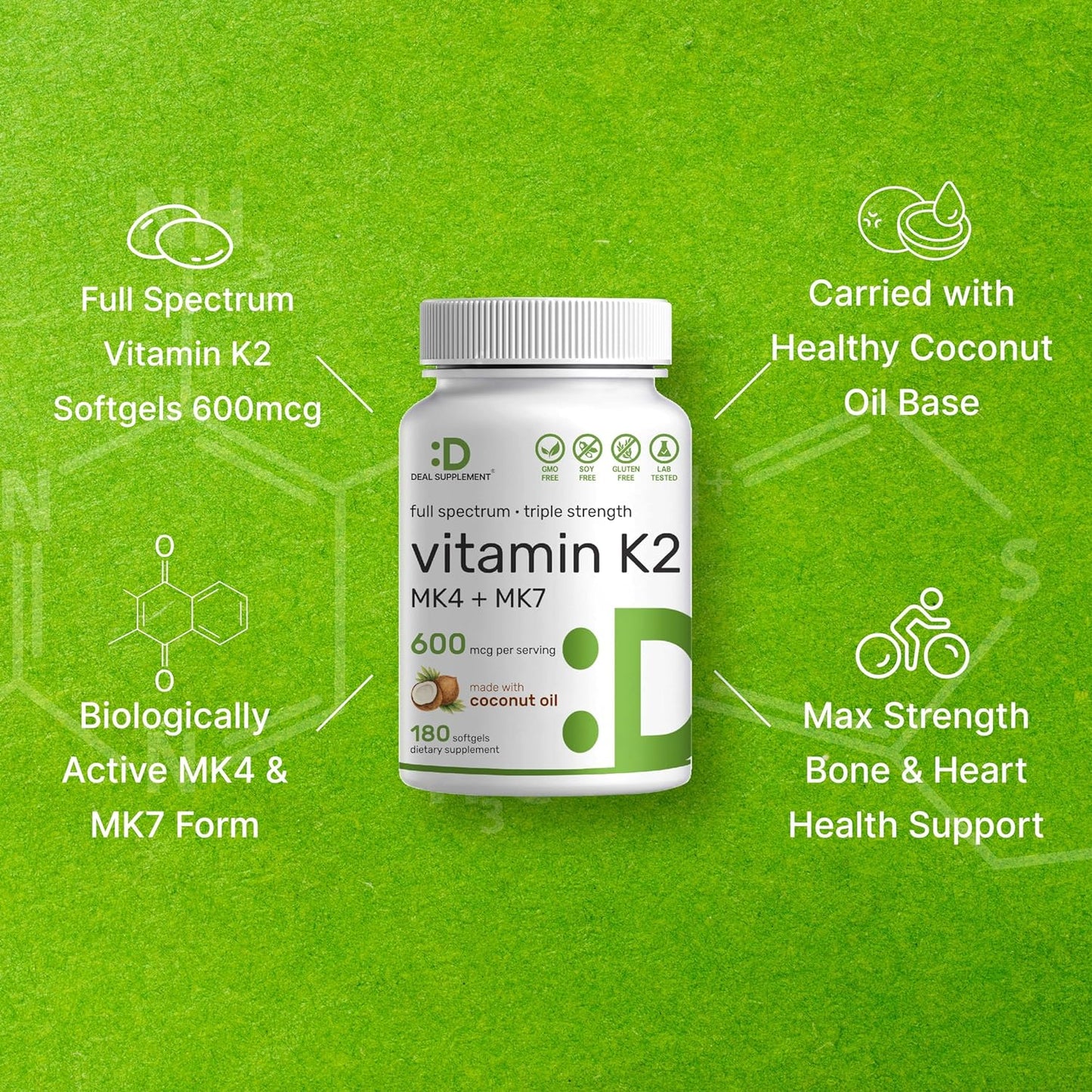 Vitamin K2 Supplement  180 Virgin Coconut Oil Softgels