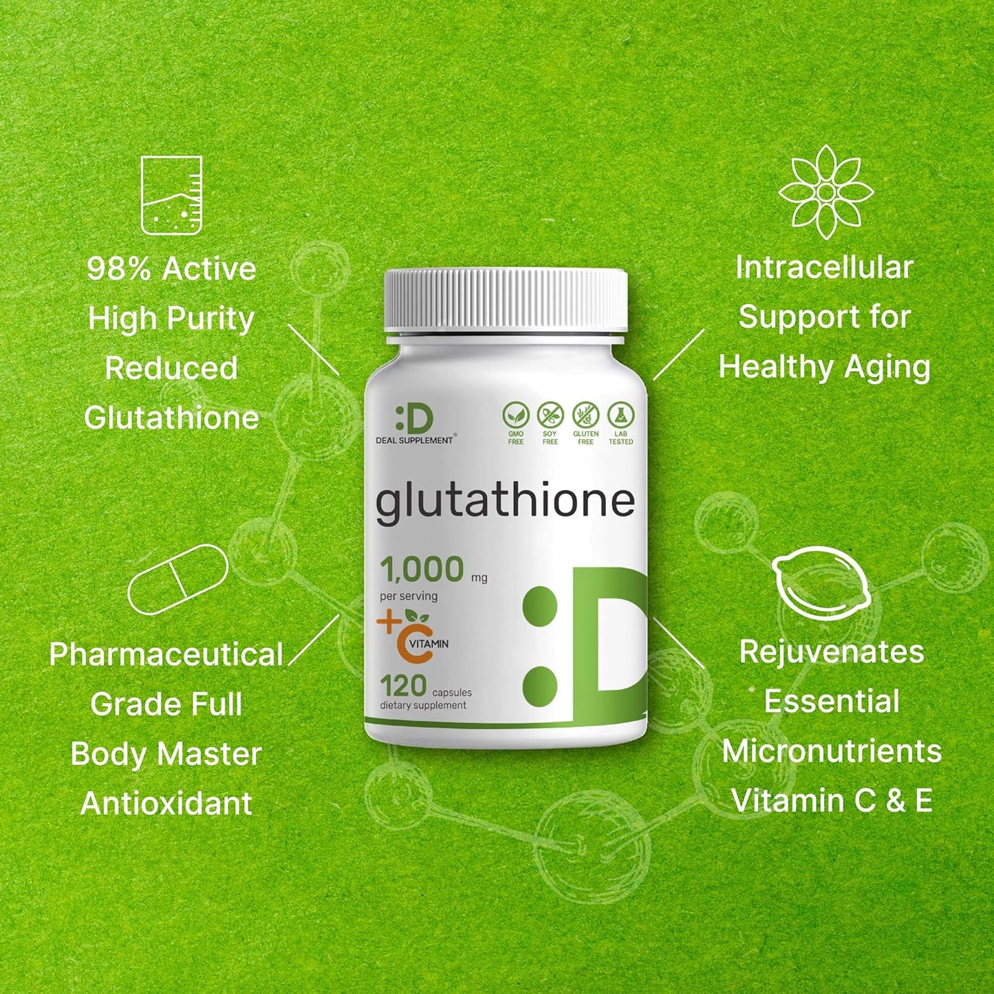 Glutathione Supplement 1,000mg Per Serving, 98%120 Capsules