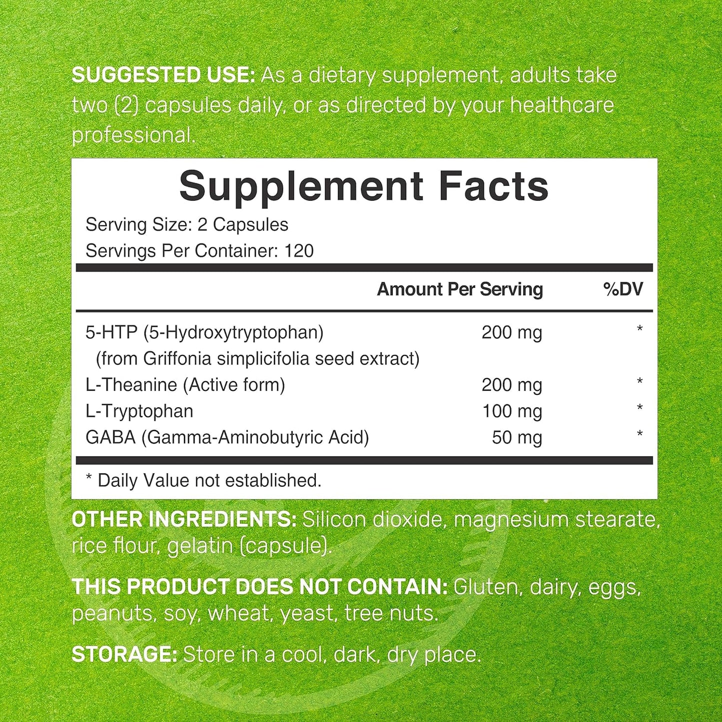 5-HTP 200mg Plus L-Theanine 200mg, GABA & L-Tryptophan, 240 Capsules