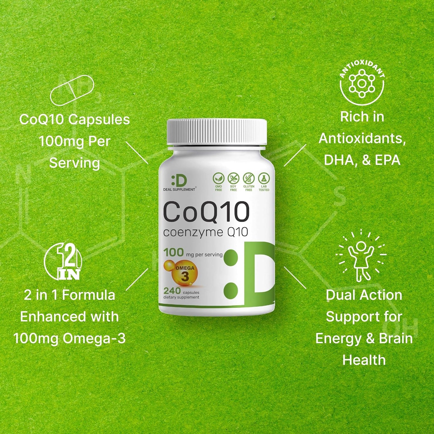 CoQ10 Coenzyme with Omega 3 Fatty Acid Q10  240 Capsules