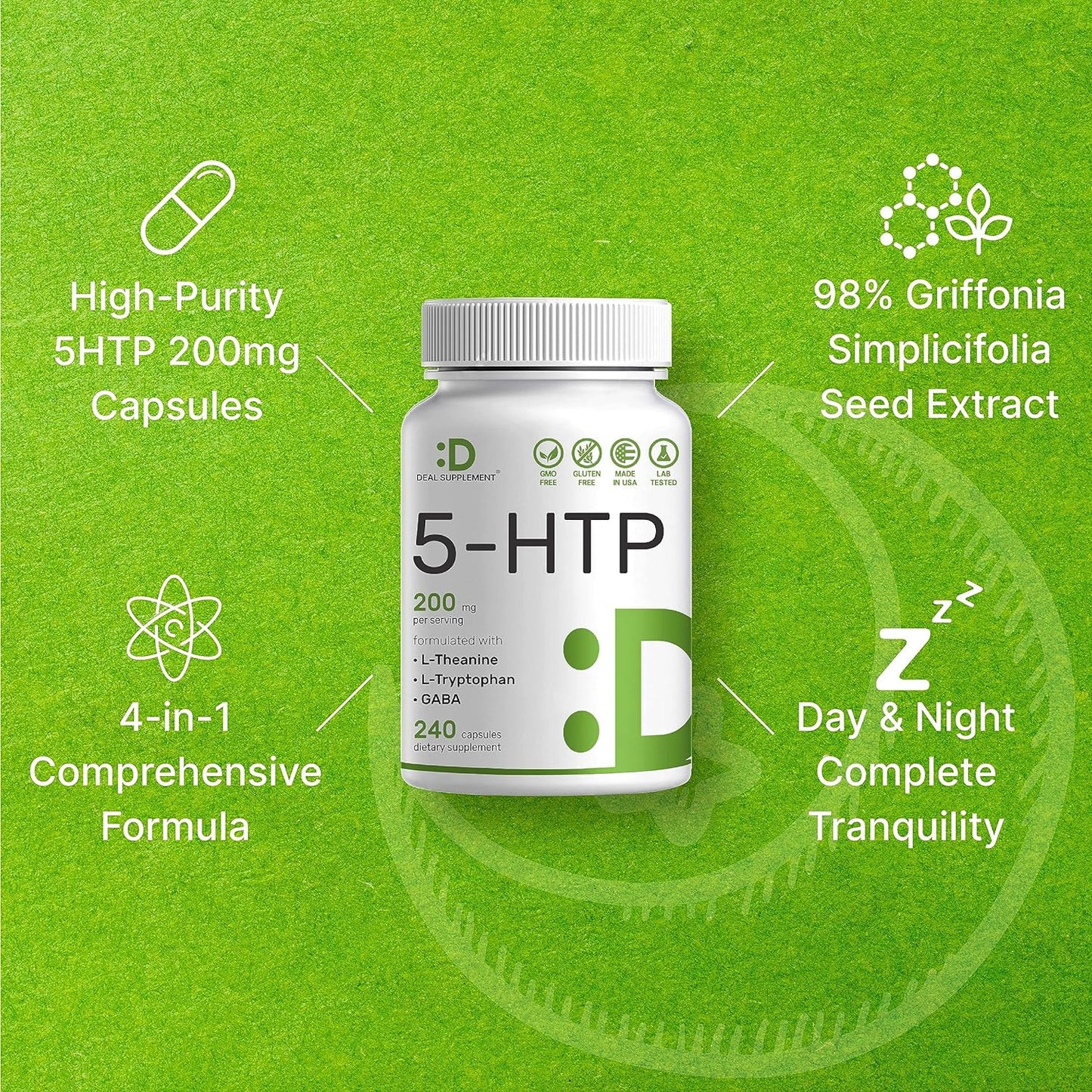 5-HTP 200mg Plus L-Theanine 200mg, GABA & L-Tryptophan, 240 Capsules