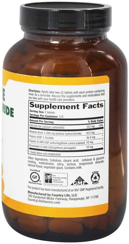 Country Life Betaine Hydrochloride with pepsin 600 mg - 250 Tablets