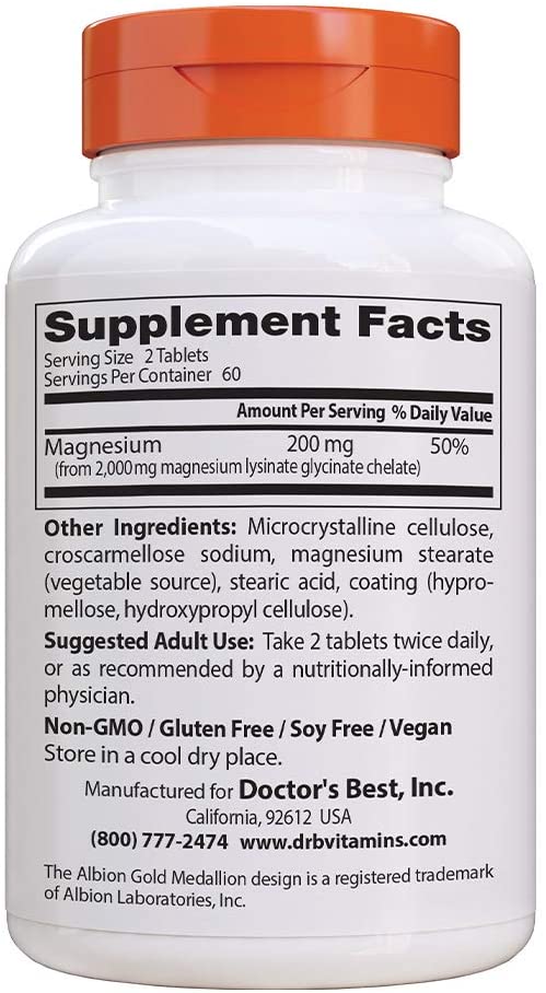 Doctor's Best High Absorption Magnesium Glycinate Lysinate,  100 mg, 120 Tablets